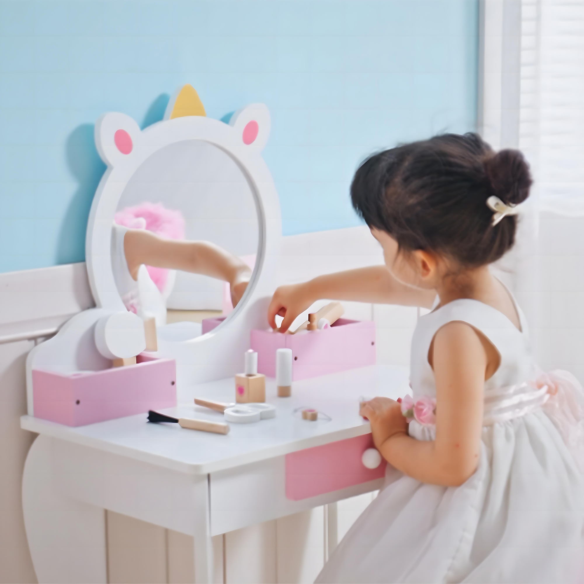 ZONEKIZ Unicorn-Design Kids Dressing Table, with Mirror and Stool White 7