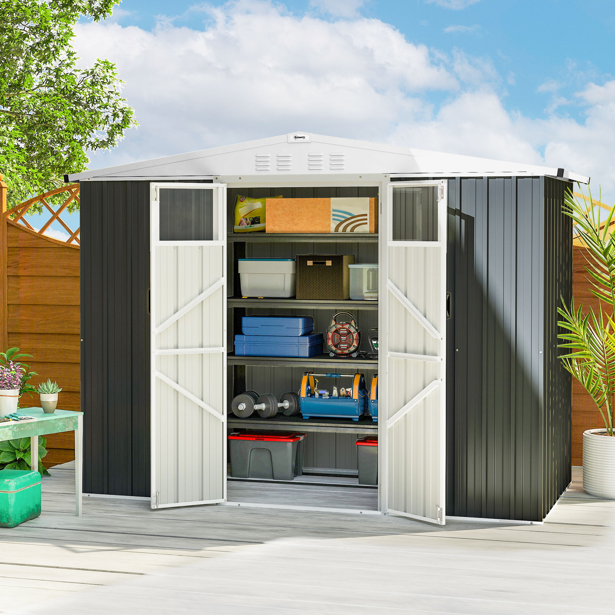 Outsunny 8 x 4 ft Metal Garden Shed, Garden Storage Shed with Window, 4 Vents and Lockable Door, Waterproof Galvanised Steel Tool Storage Cabinet, Dark Grey 2