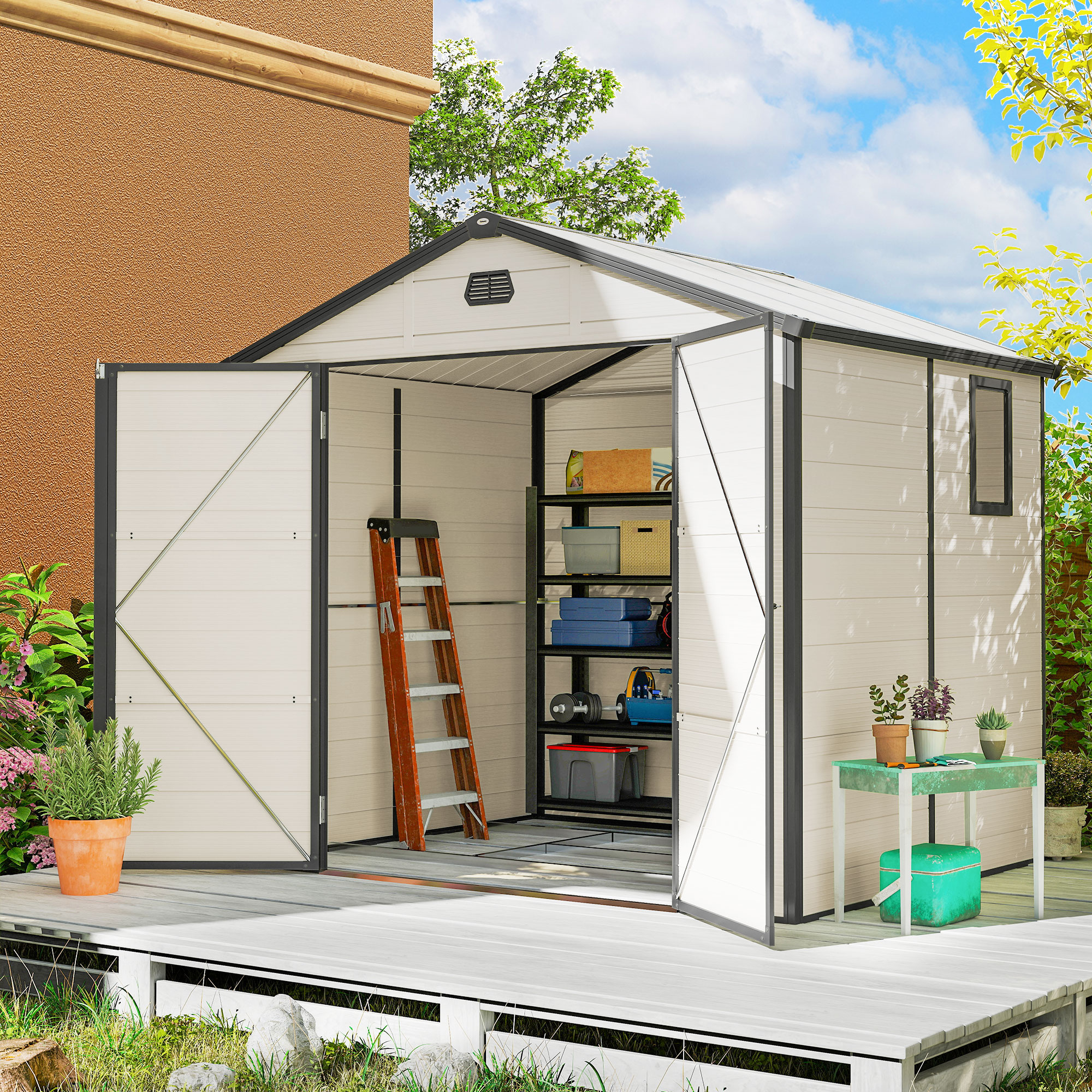 Outsunny 7.9ft x 6.2ft Aluminium Frame and Plastic Wall Shed, with Foundation Cream White 2