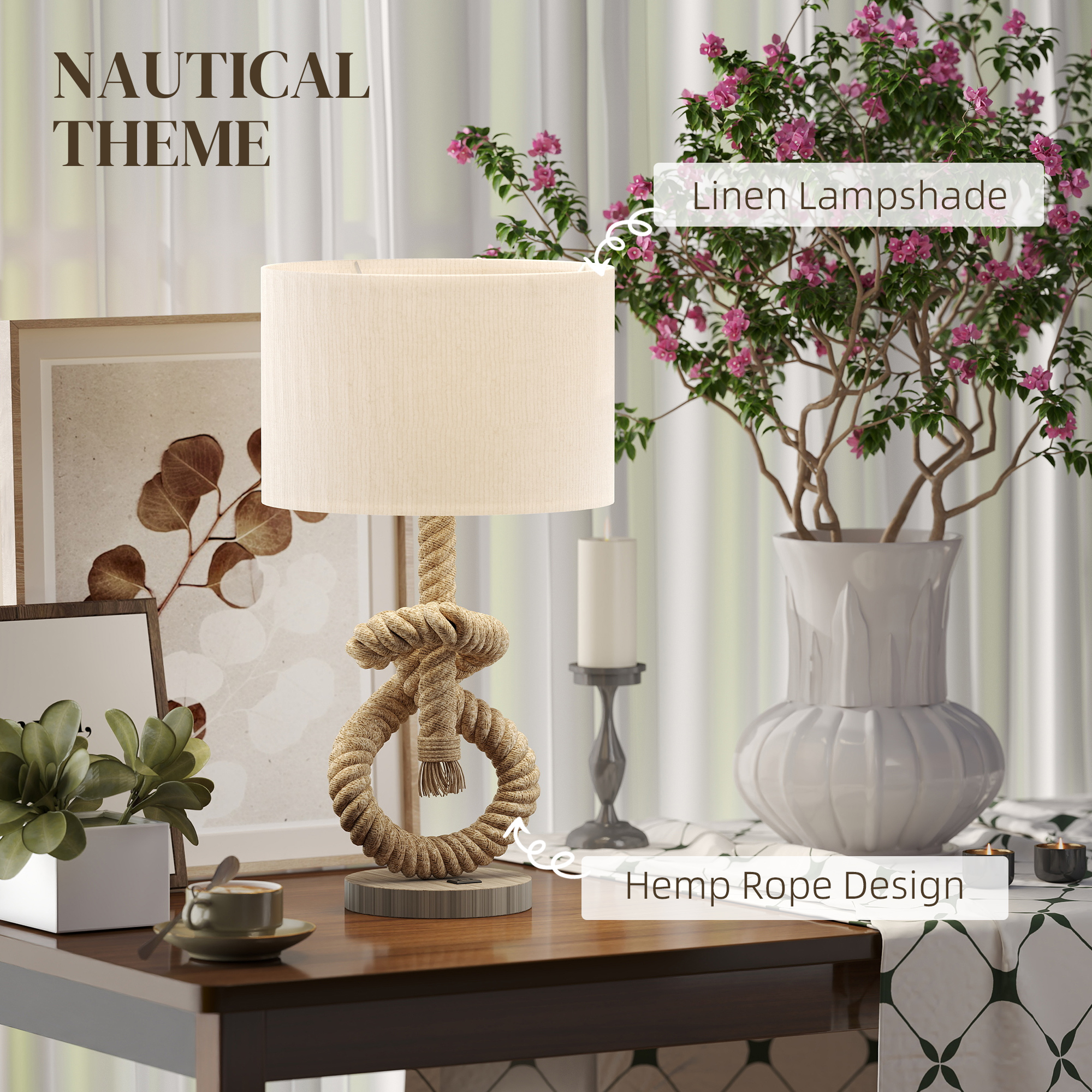 HOMCOM Nautical LED Table Lamp with USB Charging Port, Bedside Desk Lamp for Bedroom, Living Room, Home Office 4