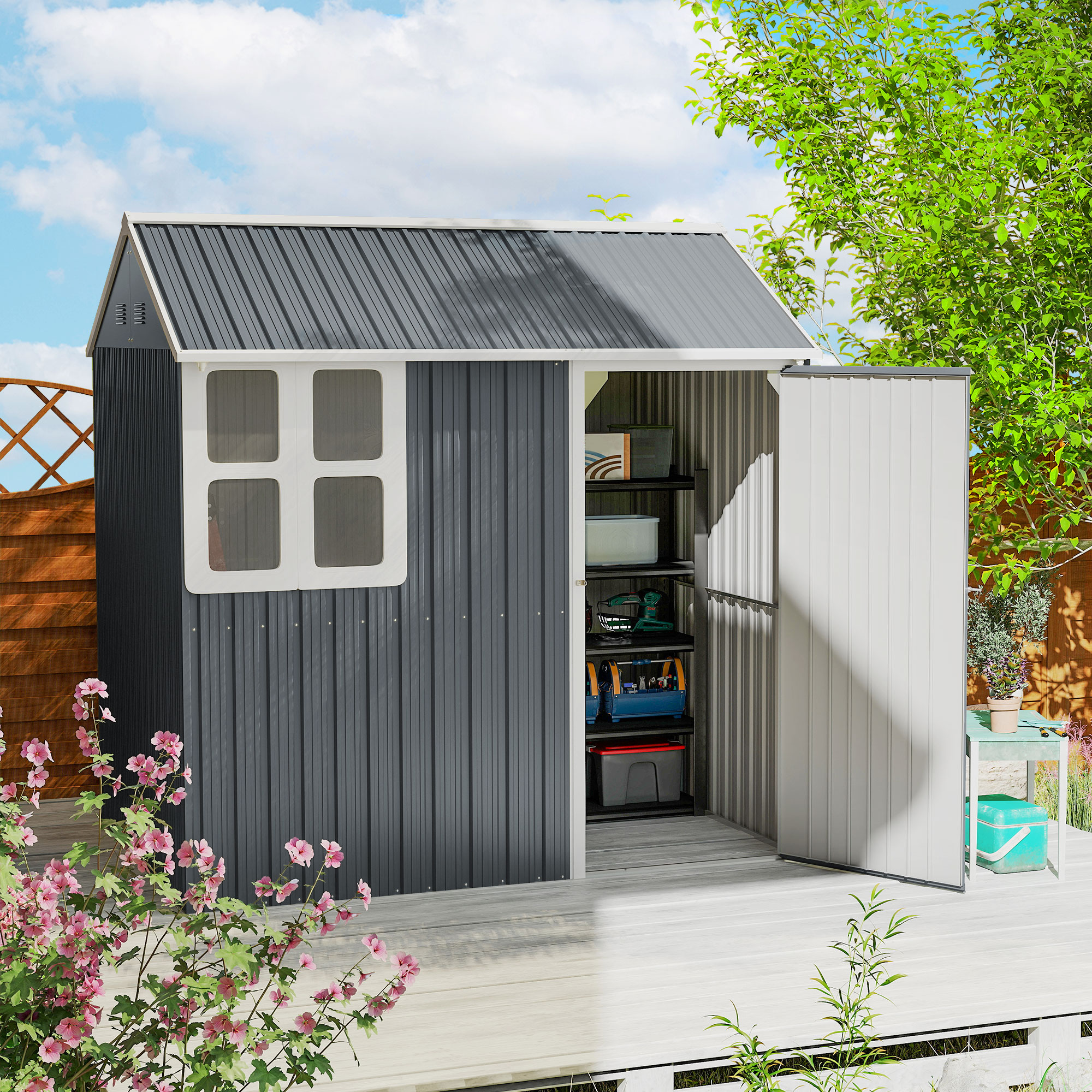 Outsunny 7 x 6ft Galvanised Garden Shed, with Latch Dark Grey 2