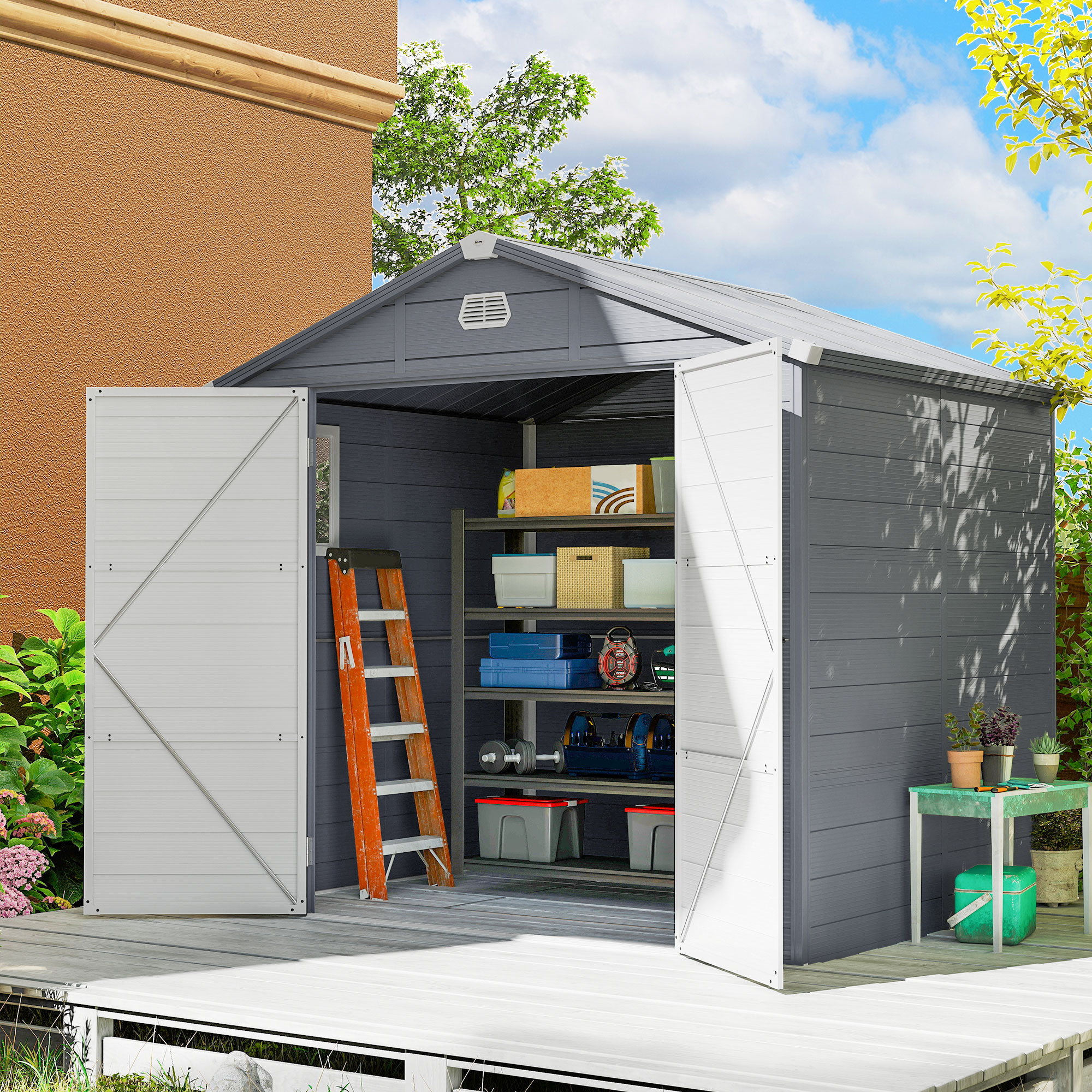Outsunny 7.9ft x 6.2ft Aluminium Frame and Plastic Wall Shed, with Foundation Grey 2