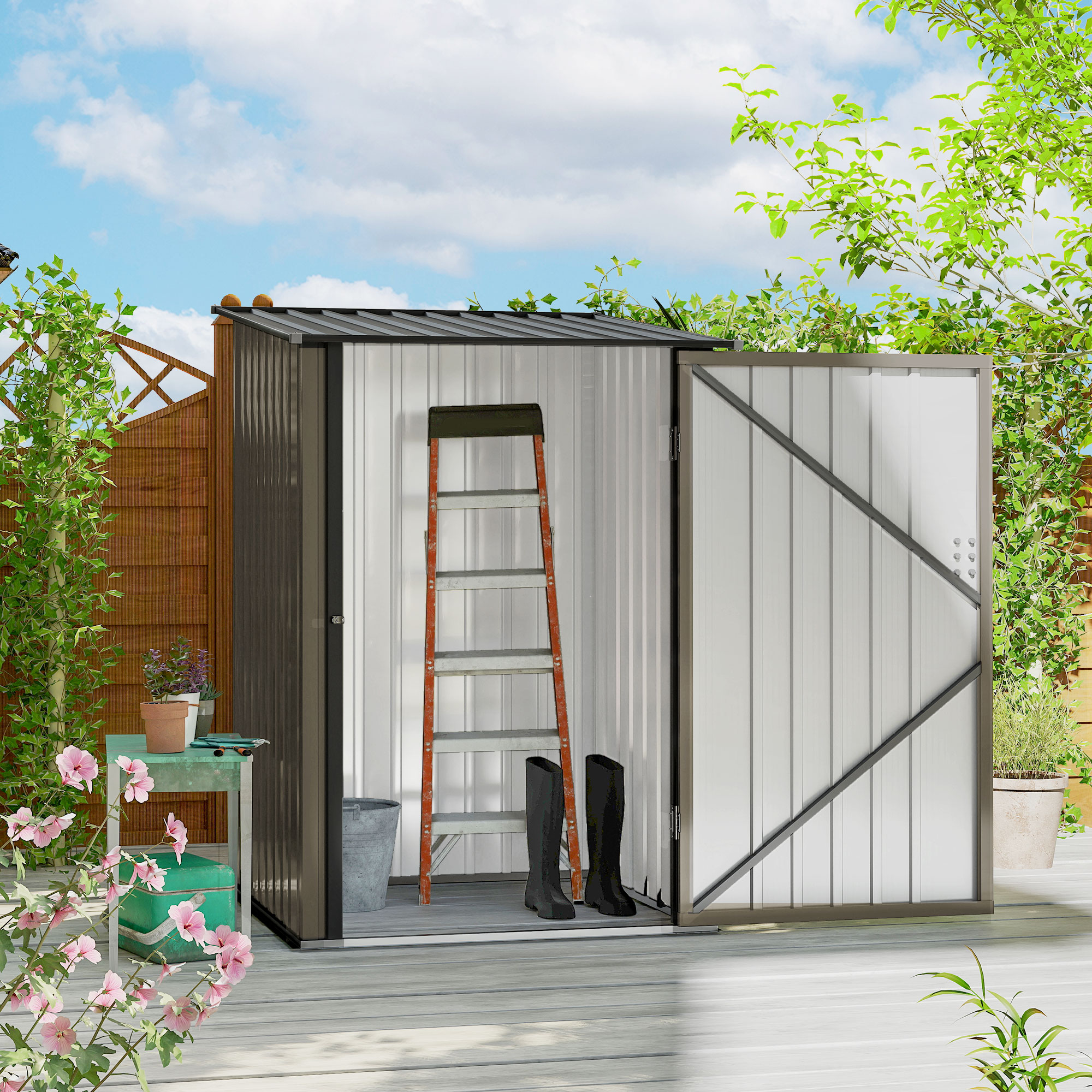 Outsunny Small Metal Garden Shed 3.3 x 3.4 Lean To Steel Garden Shed with Locking Door, Brown 2