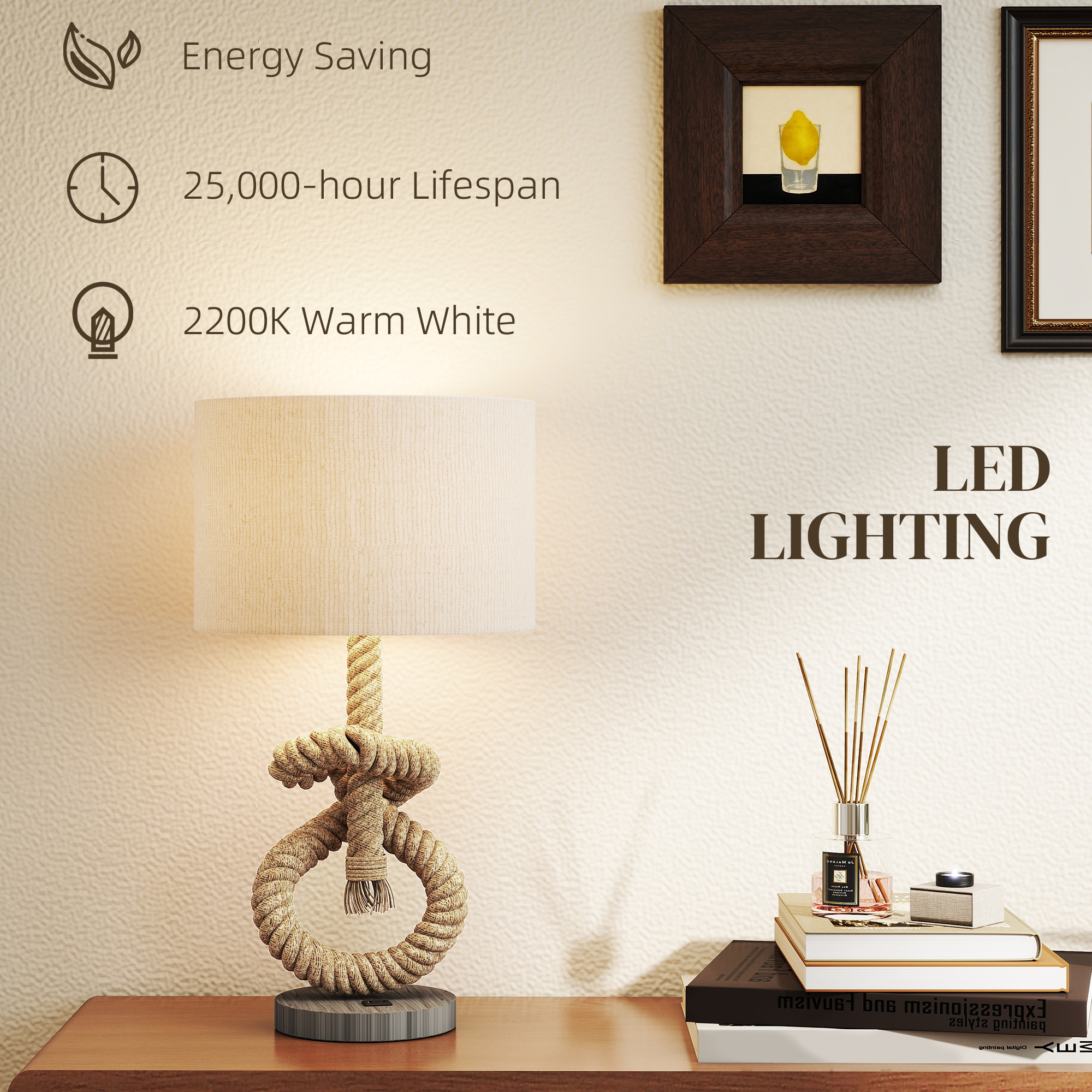 HOMCOM Nautical LED Table Lamp with USB Charging Port, Bedside Desk Lamp for Bedroom, Living Room, Home Office 5