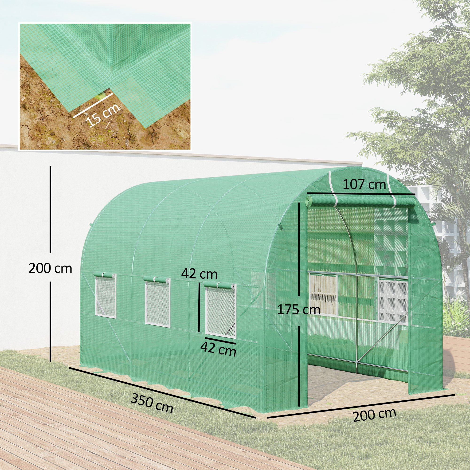 Outsunny 3.5 x 2m Walk-In Polytunnel Greenhouse, with Steel Frame, PE Cover, Roll-Up Door and 6 Windows, Green 3