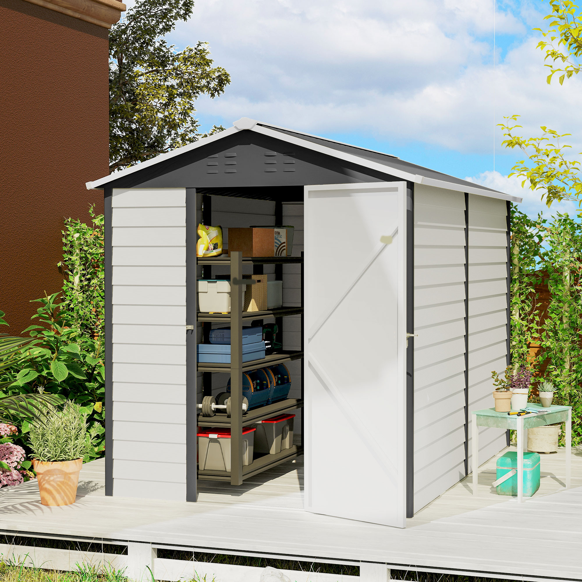 Outsunny 9x 6FT Metal Outdoor Garden Shed, Galvanised Tool Storage Shed w/ Sloped Roof, Lockable Door for Patio Lawn, Dark Grey 2