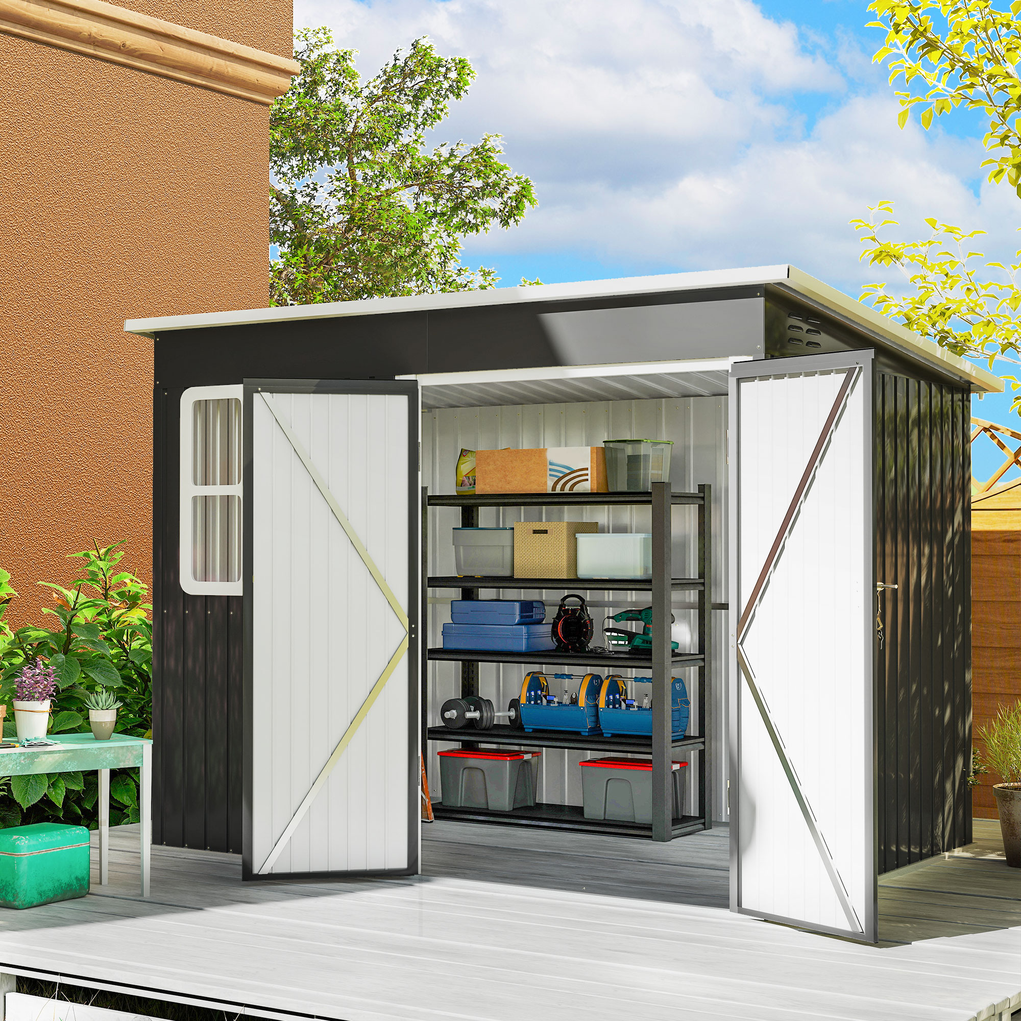 Outsunny 8.5 x 6ft Storage Shed Galvanised Steel Garden Shed, Metal Shed with Foundation Kit, Window, Lockable Wide Doors and Air Vents for Outdoor Patio, Dark Grey 2