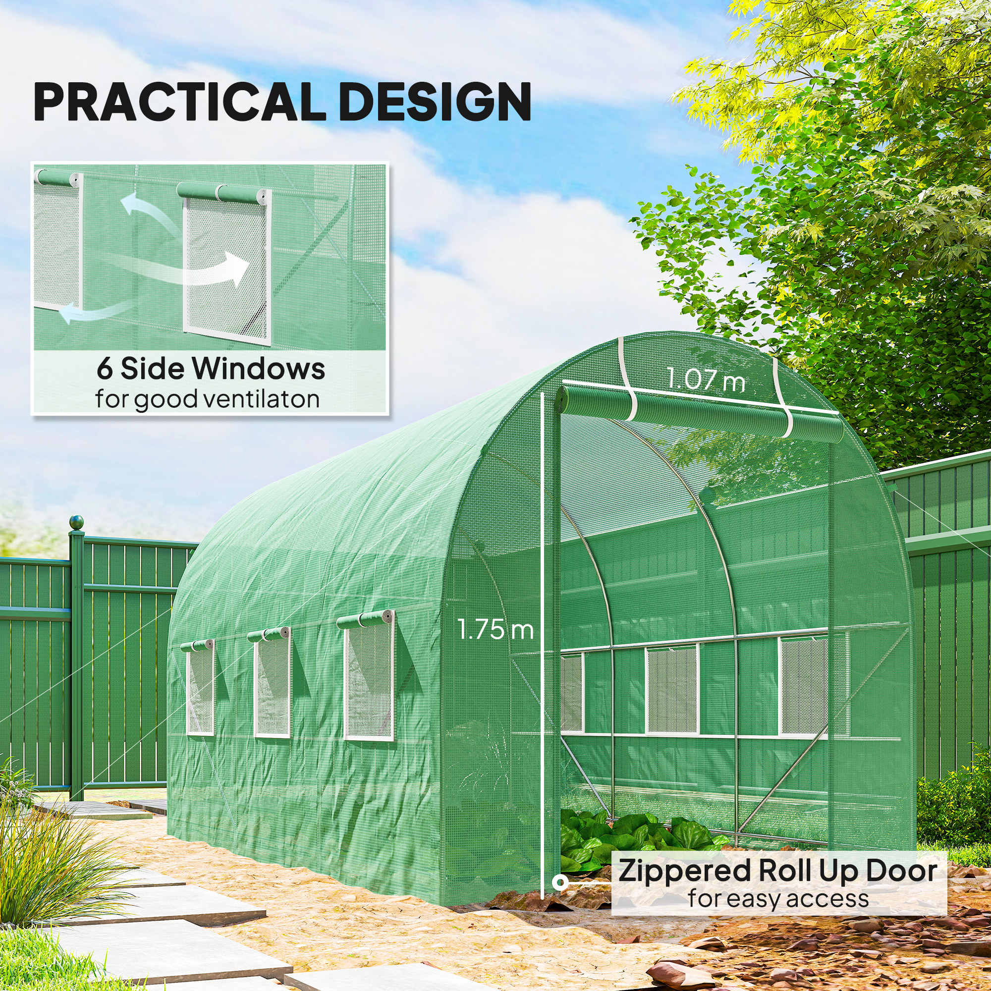 Outsunny 3.5 x 2m Walk-In Polytunnel Greenhouse, with Steel Frame, PE Cover, Roll-Up Door and 6 Windows, Green 6