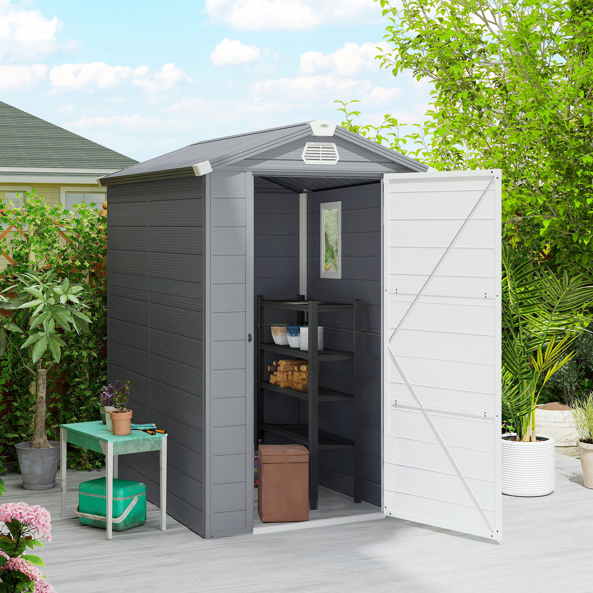 Outsunny 4.4ft x 6.2ft Aluminium Frame and Plastic Wall Shed, with Foundation Grey 2