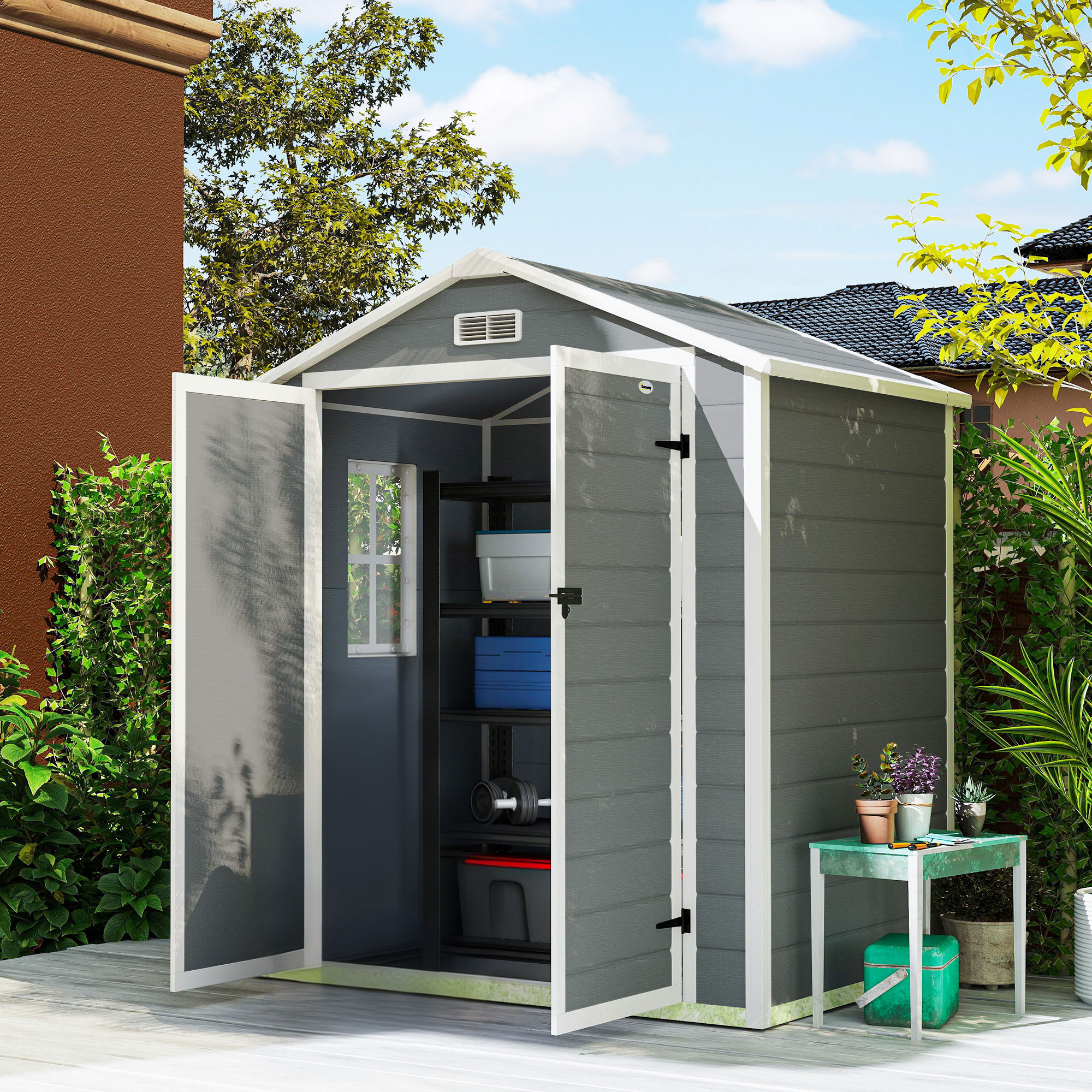 Outsunny 6'x4.5' Garden Storage Shed, Lockable Garden Shed with Double Doors, Window, Vent and Plastic Roof, Grey 2