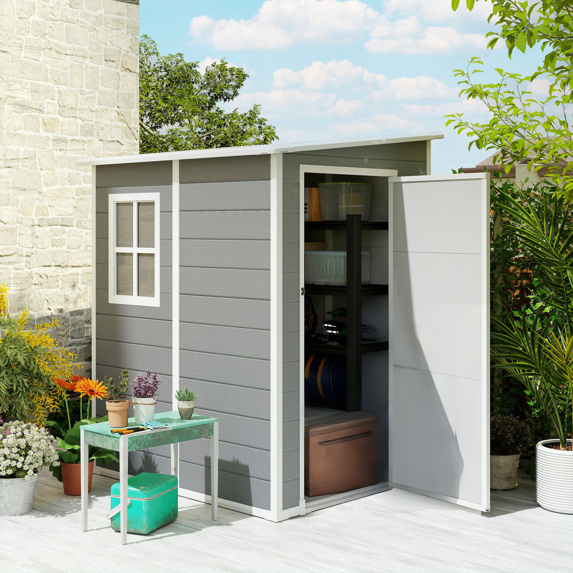 Outsunny 4'x5' Garden Storage Shed, Lean to Shed, Lockable Garden Shed with Window, Vent and Plastic Roof, Grey 2