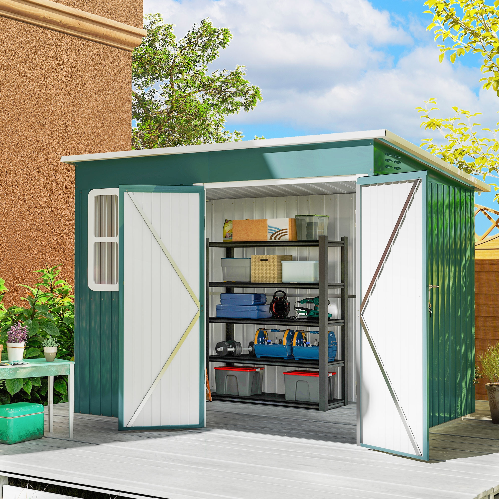 Outsunny 8.5 x 6ft Storage Shed Galvanised Steel Garden Shed, Metal Shed with Foundation Kit, Window, Lockable Wide Doors and Air Vents for Outdoor Patio, Green 2