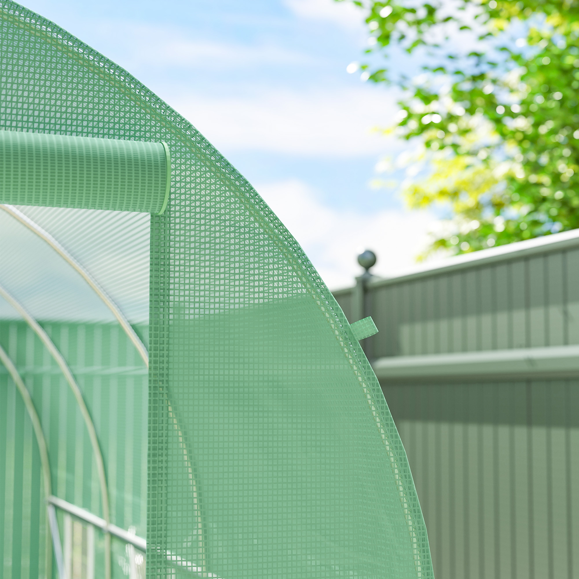 Outsunny 3.5 x 2m Walk-In Polytunnel Greenhouse, with Steel Frame, PE Cover, Roll-Up Door and 6 Windows, Green 9