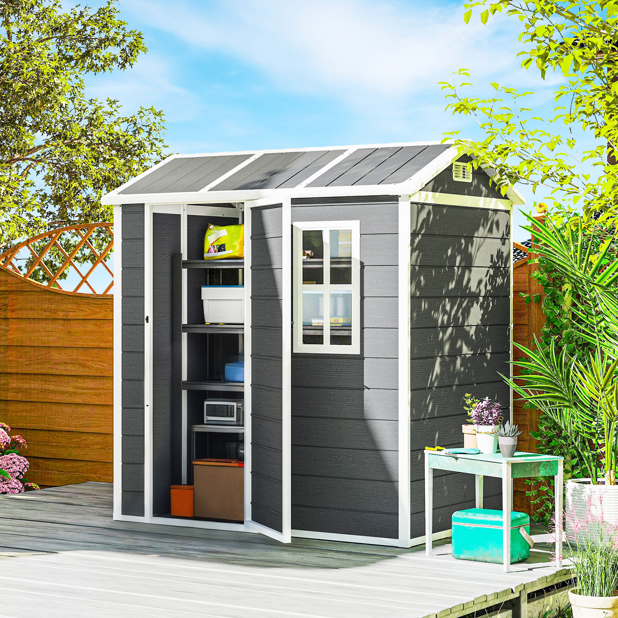Outsunny Gerätehaus Kunststoff 2,1m² 186 x 130 x 199cm Geräteschuppen mit S günstig online kaufen