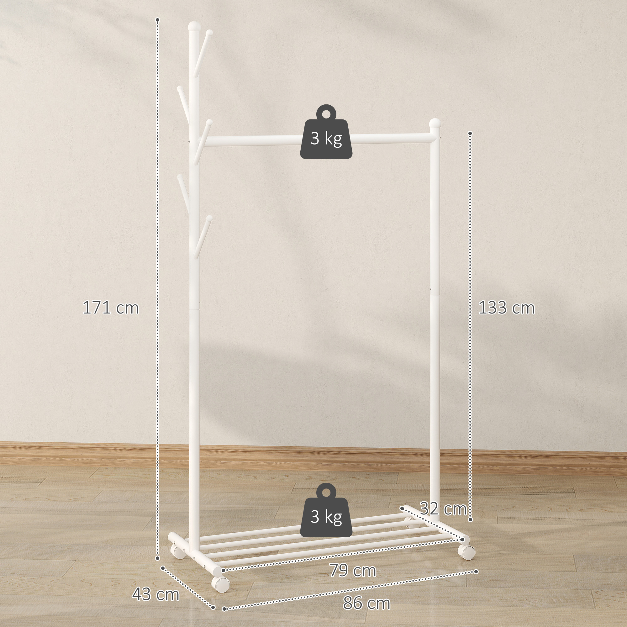 HOMCOM Appendiabiti Con Portascarpe E 2 Cassetti – 8 Ganci E Barra, Struttura In Metallo, Stile Industriale, Bianco E Grigio, 80x30x180,5 Cm
