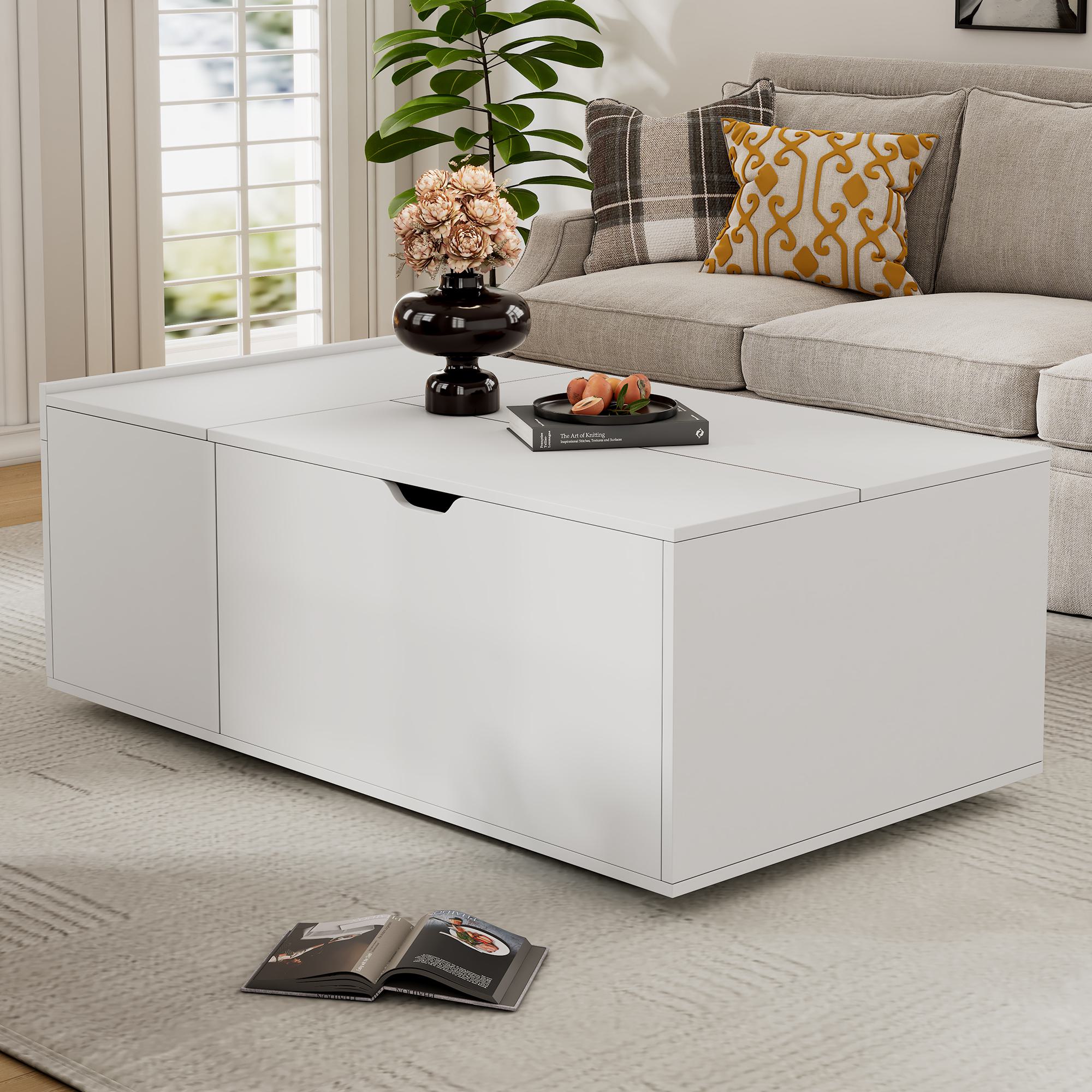 Lift Up Coffee Table with Hydraulic Mechanism, Hidden Storage, Wooden Tea Table with Sliding Door and Drawer, 117L x 65W x 43H cm, White   Aosom UK