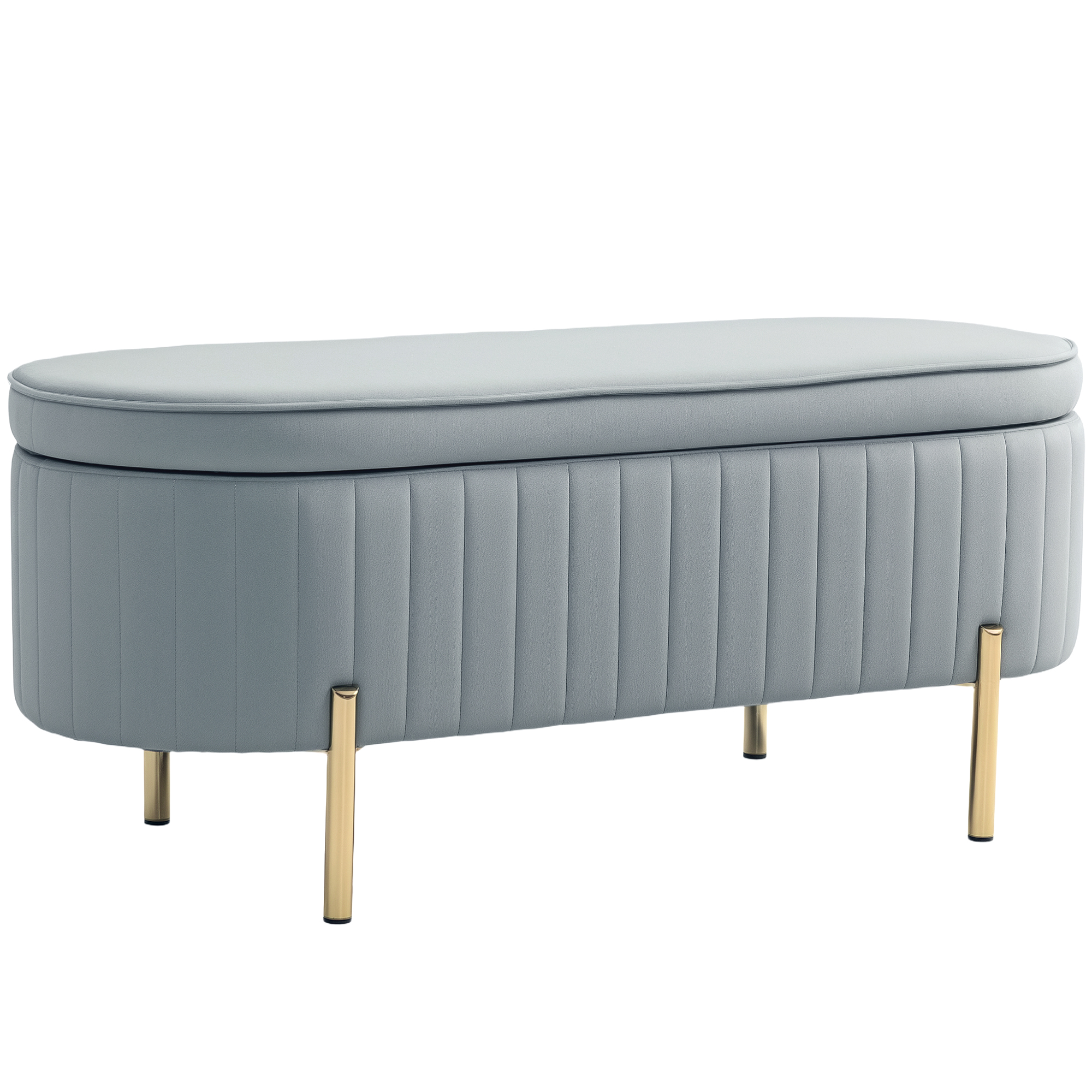HOMCOM Bancă de Depozitare pentru Intrare Ovală 72L cu Design Scanalat, Capac Ridicabil și Șezut Capitonat, Bancă de la Capătul Patului Pouf în Catifea și Picioare de Lemn de Pin, 108x44x43.5 cm, Gri | Aosom Romania
