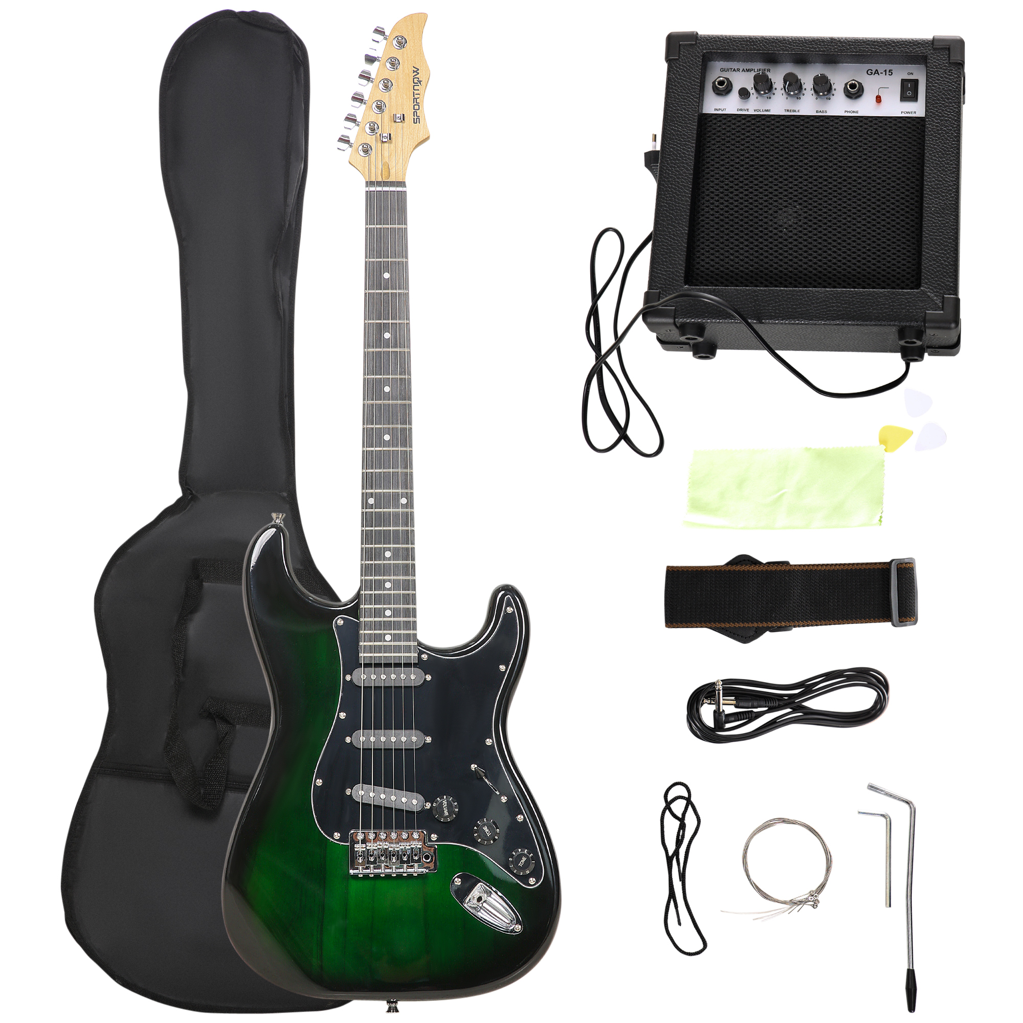 SPORTNOW Chitara Electrica cu Amplificator 15W, Geanta, Curea de Umar Acordor Digital si Pene Culoare Negru | Aosom Romania