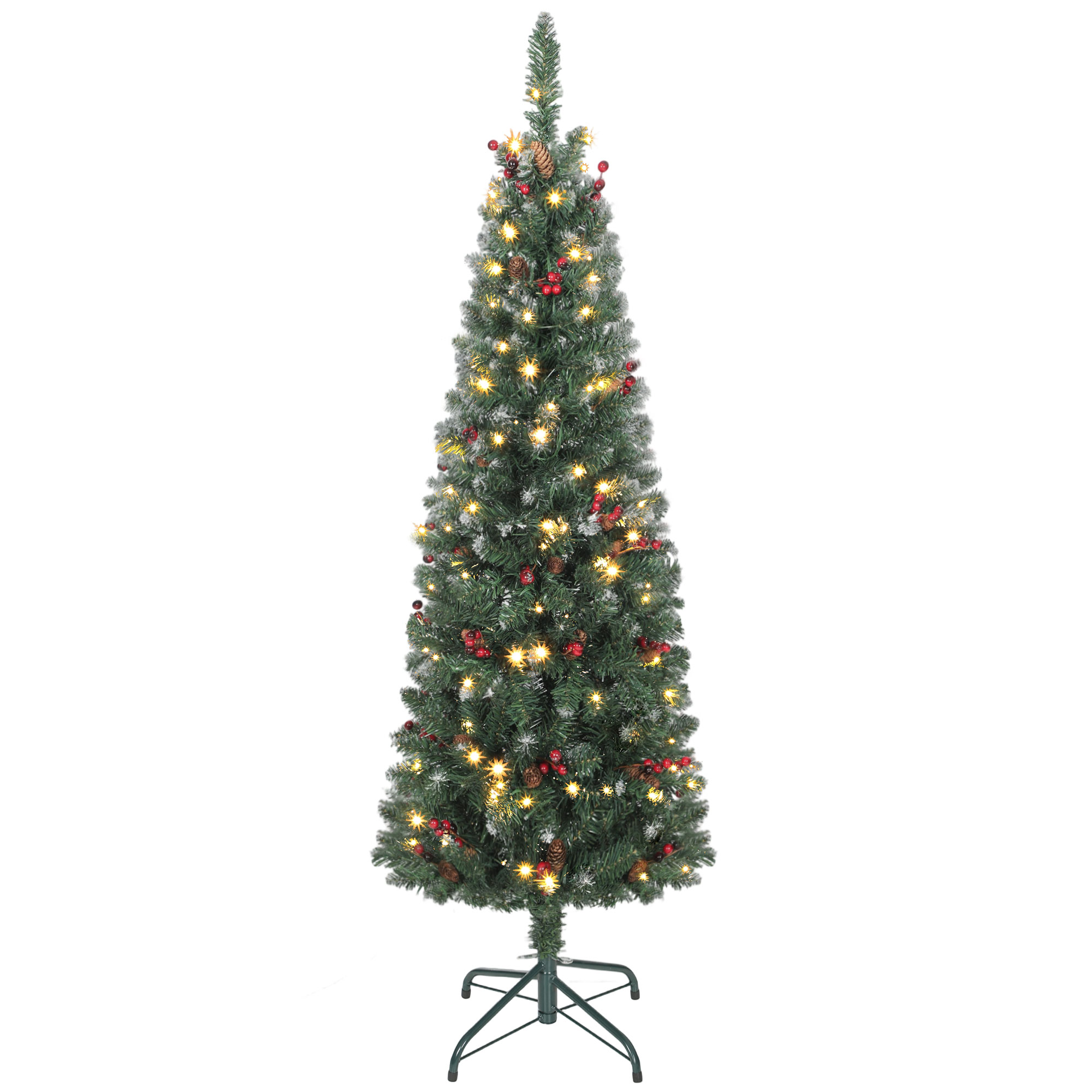 HOMCOM Pom de Crăciun Subțire 150 cm Artificial, Lumini Incorporate în 8 Moduri, 311 Ramuri Dense Ignifuge Înzăpezite, 30 Conuri de Pin și 30 Ciorchini de Boabe, Pom de Crăciun Înalt și Strâmt cu Bază din Metal | Aosom Romania