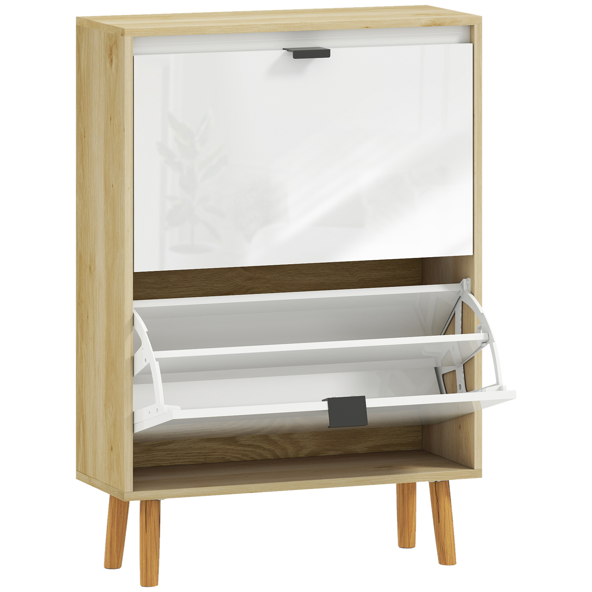 HOMCOM Zapatero Estrecho con 2 Puertas en Blanco Brillo Estantes Ajustables Patas de Madera para 12 Pares de Zapatos