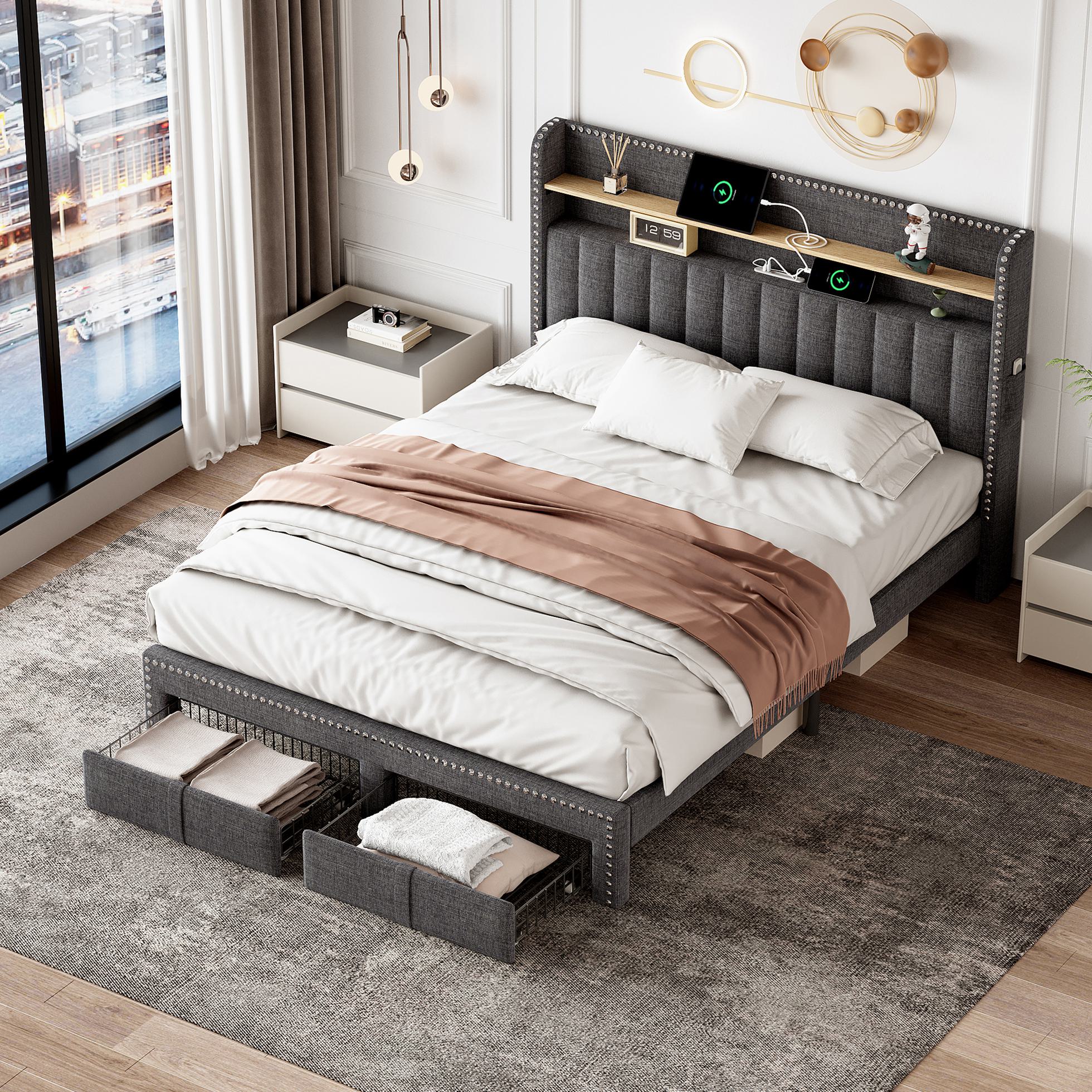Double Upholstered Bed with Storage Drawers, Charging Ports, Linen Platform Frame with LED Night Light, 205L x 142.5W x 122H cm, Grey Aosom UK