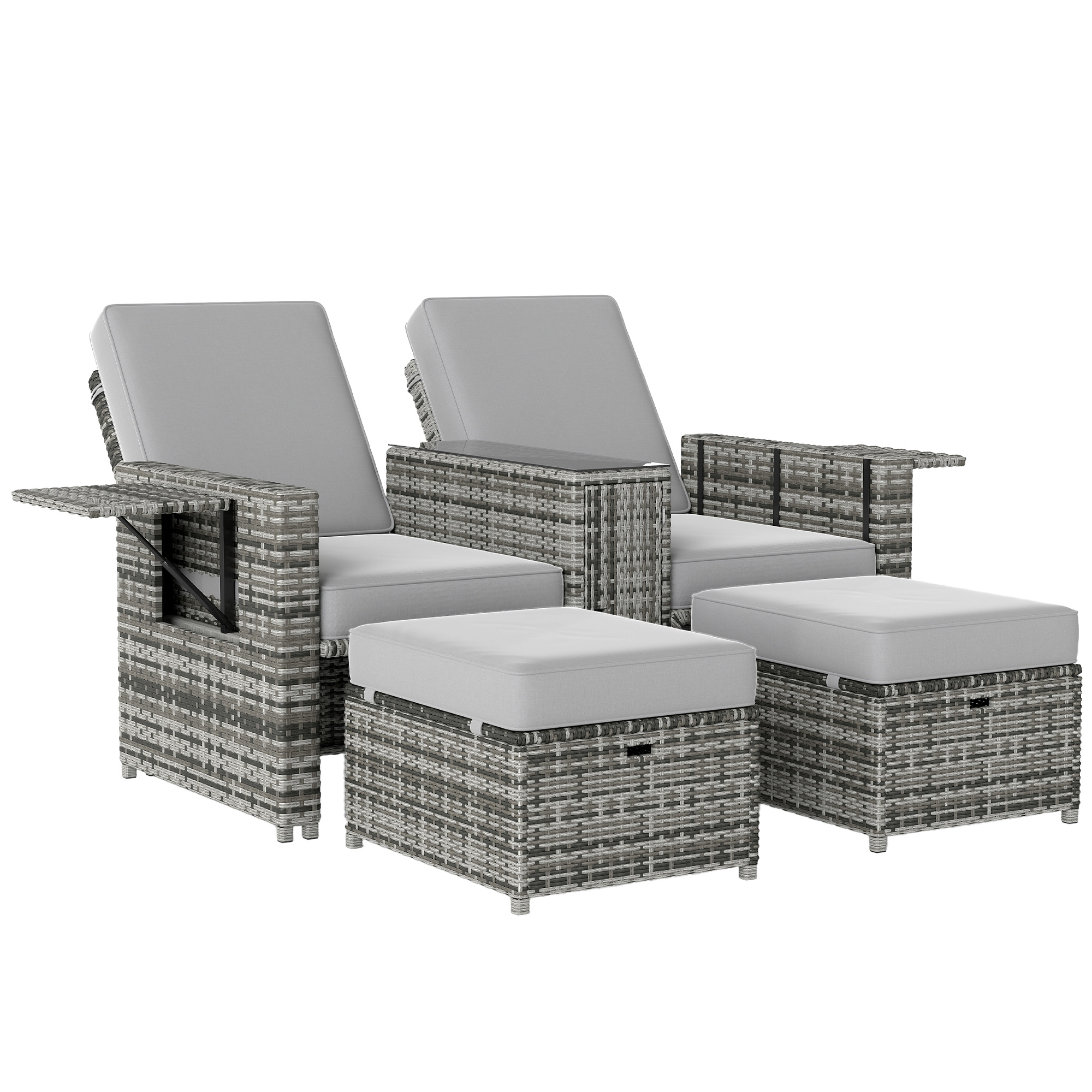 Outsunny Rattan Sun Lounger w/ Storage Tea Table & Footstools, Grey