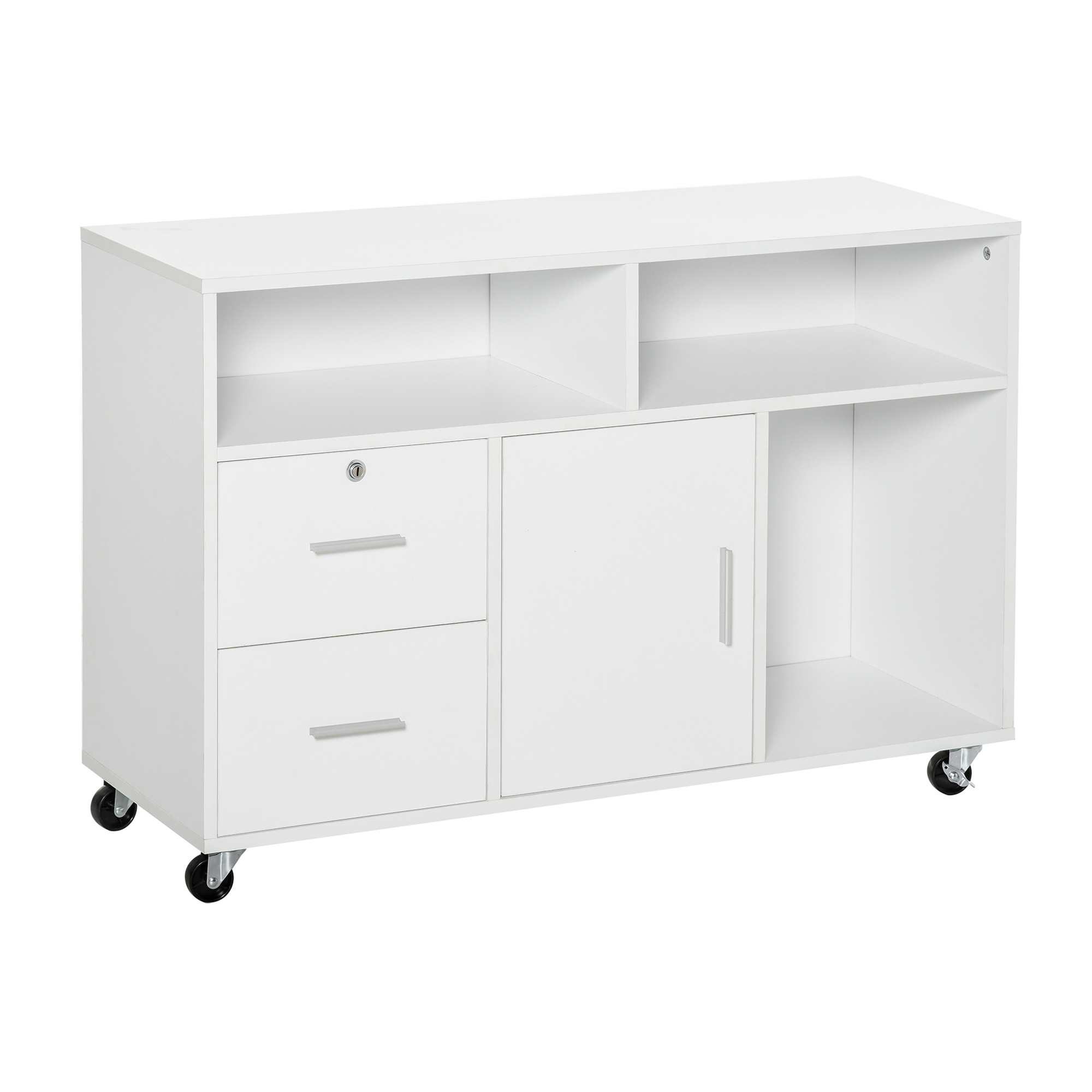 HOMCOM Soporte de impresora con 2 cajones, mueble de almacenamiento con ruedas, estantes abiertos y armario, 100 x 35 x 65 cm, blanco