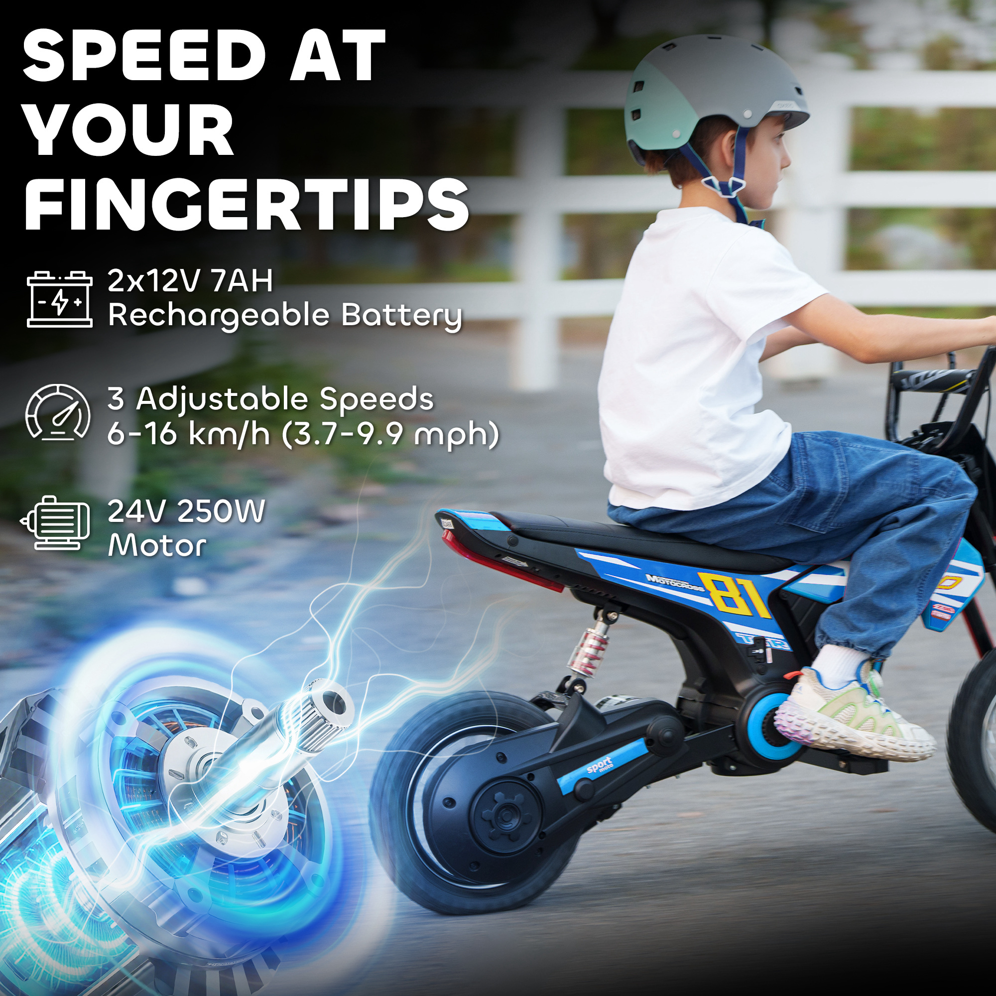 AIYAPLAY Kids Electric Motorbike 3 Gearboxes Speed Ride on Motorcycle with 40min Ranges Blue 4