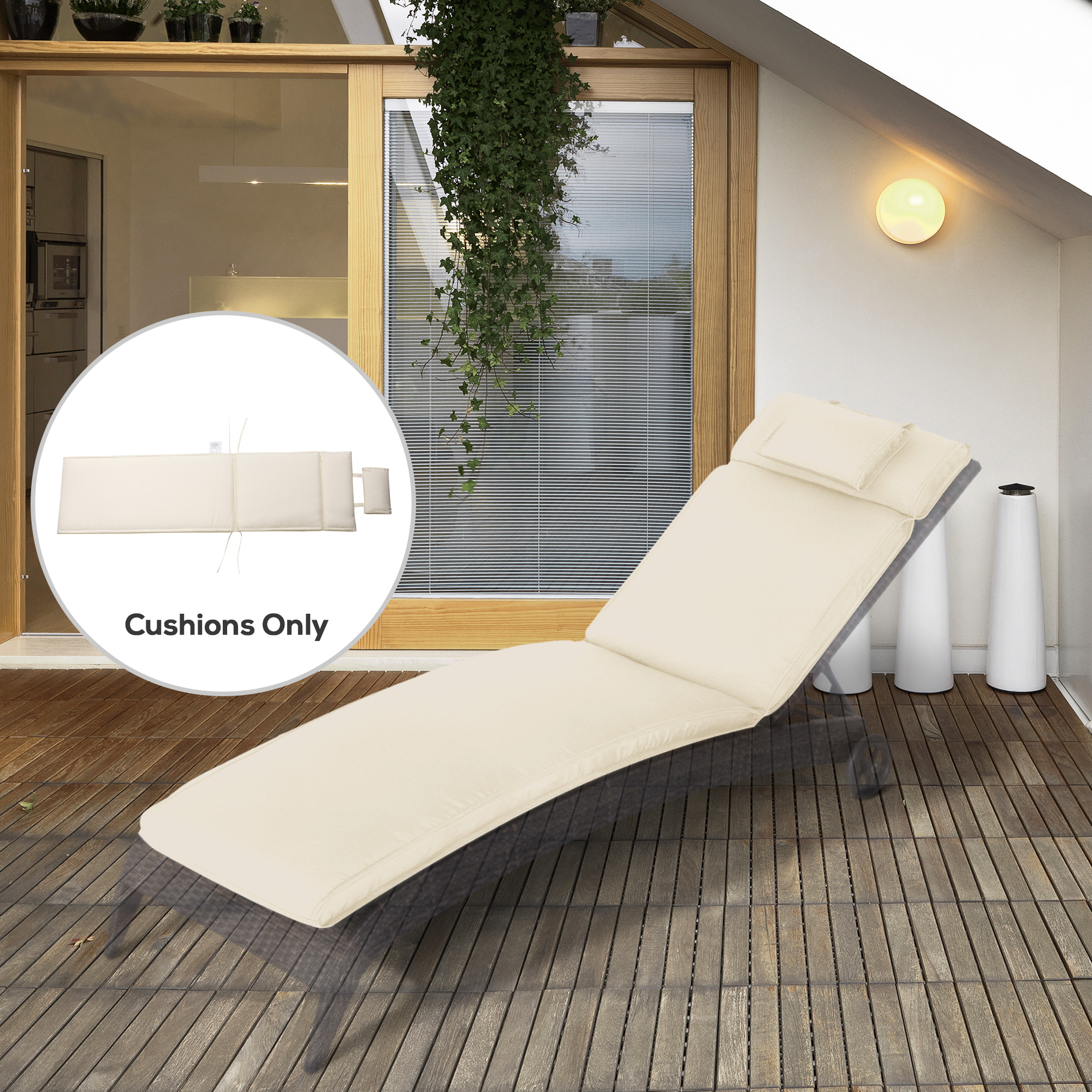 Outsunny Garden Sun Lounger Cushion Replacement Soft Sunbed Reclining Chair Relaxer Pad with Pillow, Cushion ONLY Cream White 2