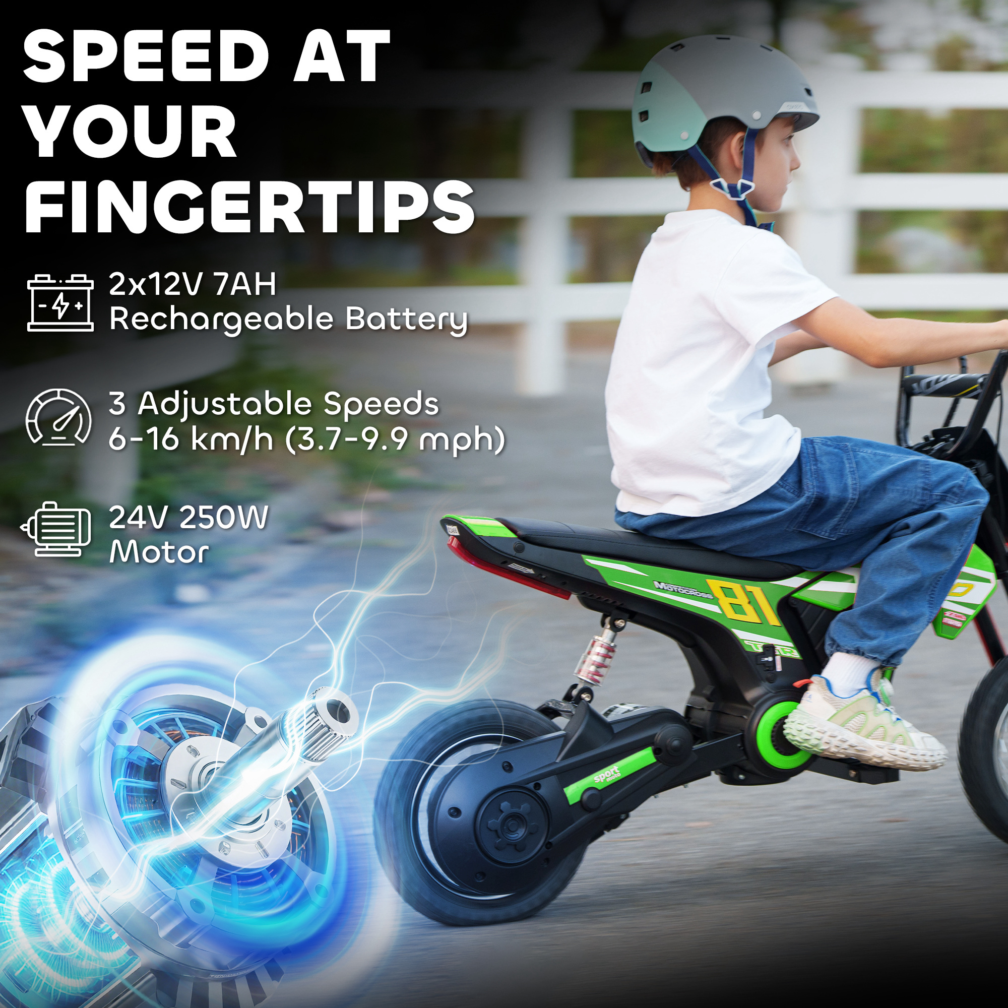 AIYAPLAY Kids Electric Motorbike, 24V Ride On Motorcycle with 3 Speeds and Rear Suspension, Dirt Bike for 8-12 Years Old, Green 4