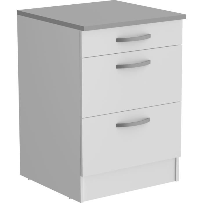 GENERIQUE - Meuble bas de cuisine OSLO - 3 tiroirs avec plan de travail - Blanc - 60 x 60 x 86 cm - Image 4