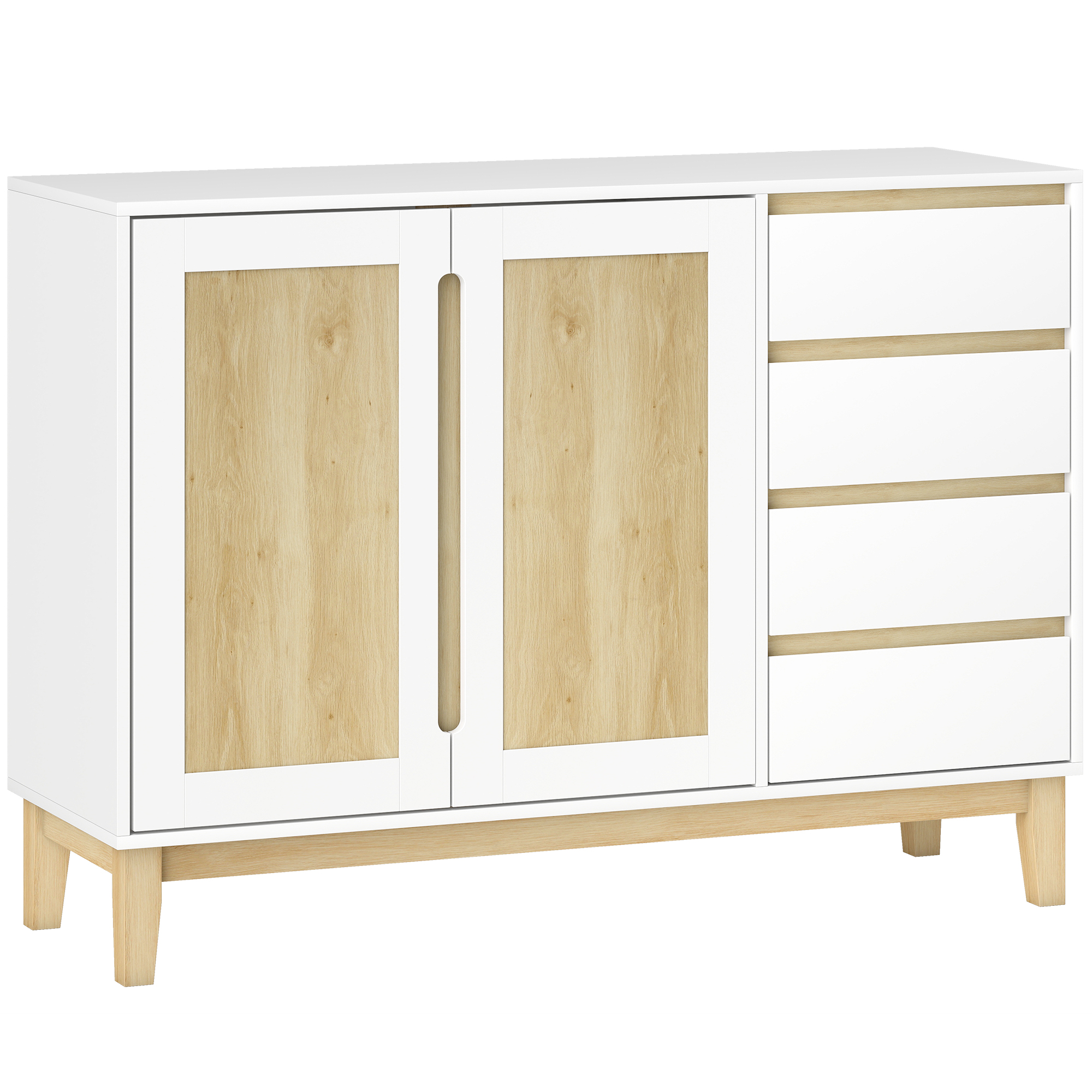 HOMCOM Buffet, Aufbewahrungsmöbel mit 2 Türen und 4 Schubladen, verstellbares Regal, Kautschukholzfüße, skandinavischer Stil, Buffet Esszimmer, Küche und Wohnzimmer, 120 x 40 x 86 cm, Weiß und Eiche Aosom