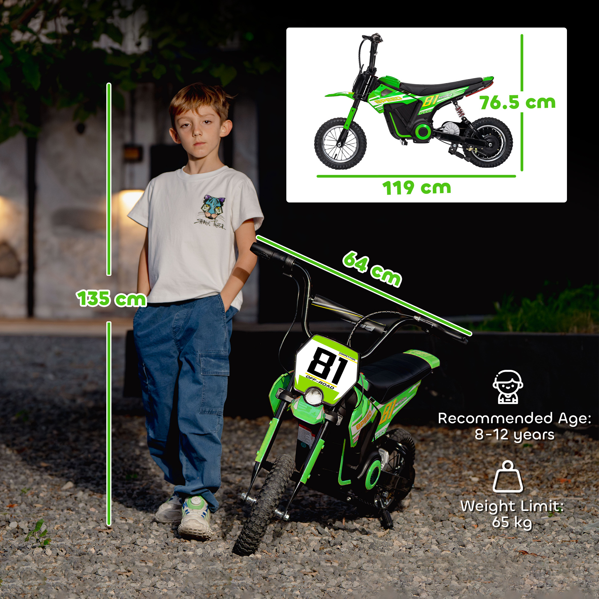 AIYAPLAY Kids Electric Motorbike, 24V Ride On Motorcycle with 3 Speeds and Rear Suspension, Dirt Bike for 8-12 Years Old, Green 3