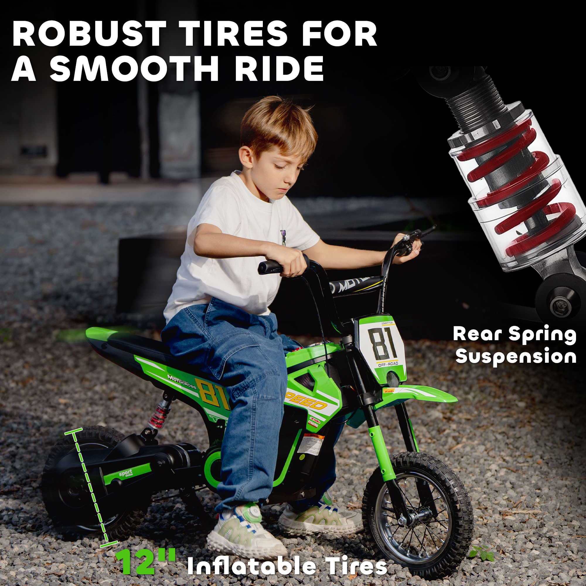 AIYAPLAY Kids Electric Motorbike, 24V Ride On Motorcycle with 3 Speeds and Rear Suspension, Dirt Bike for 8-12 Years Old, Green 6
