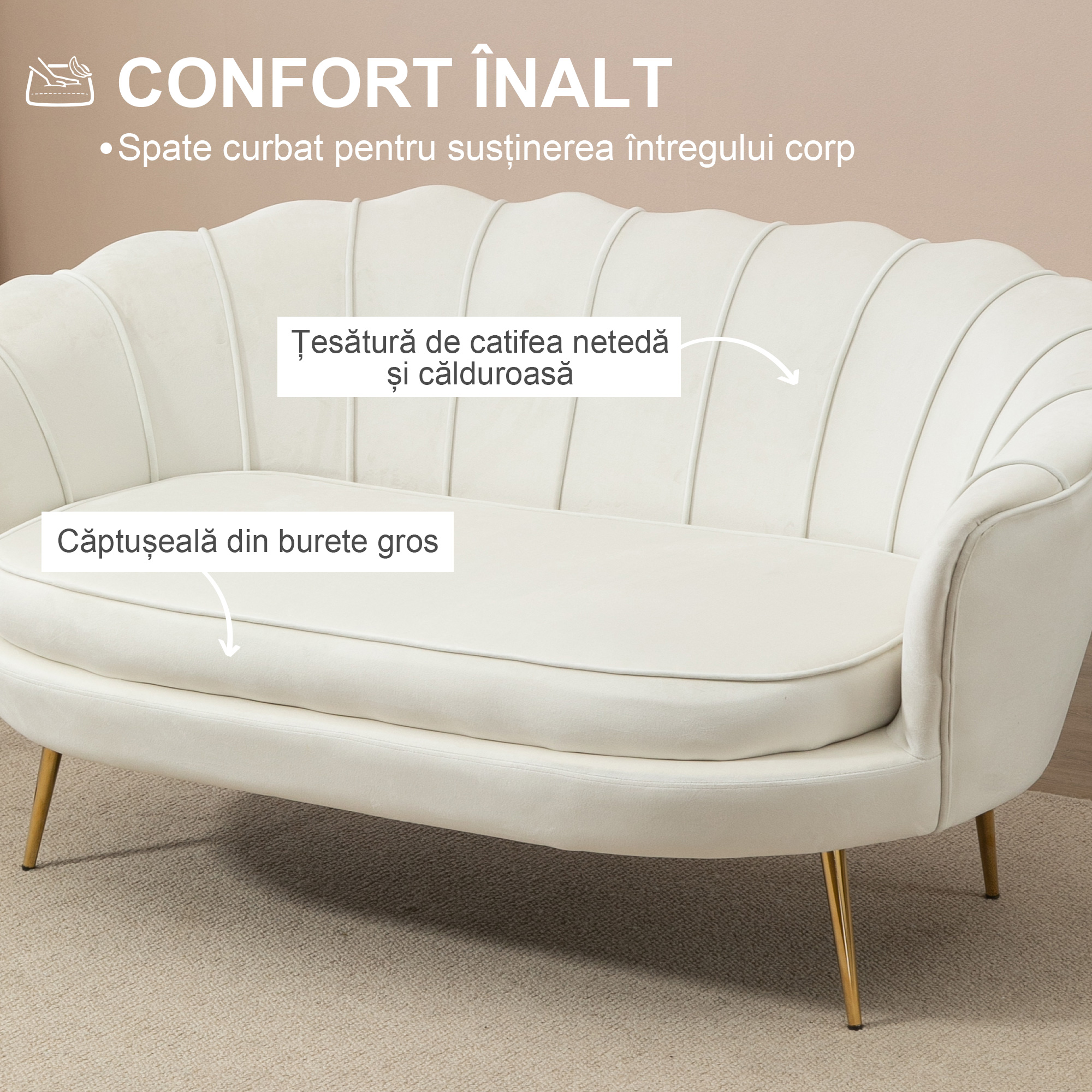  Canapea Vintage 130×77×77 cm - 2 Locuri, Catifea Crem, Stil Chic [3]