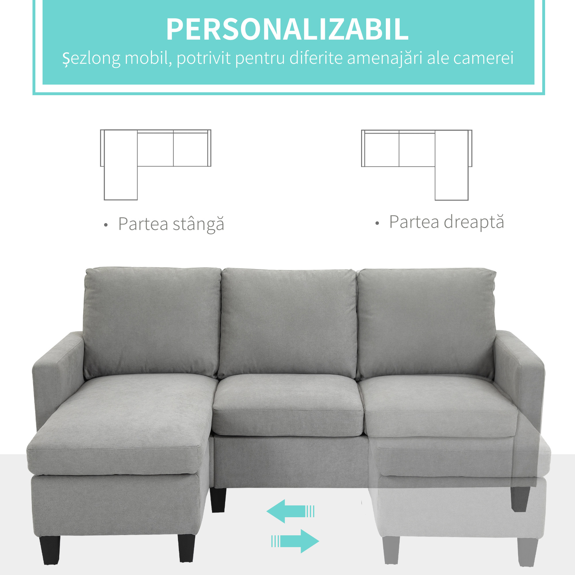  Canapea Colt 3 Locuri Modulara din Material Textil - Gri Modern [4]