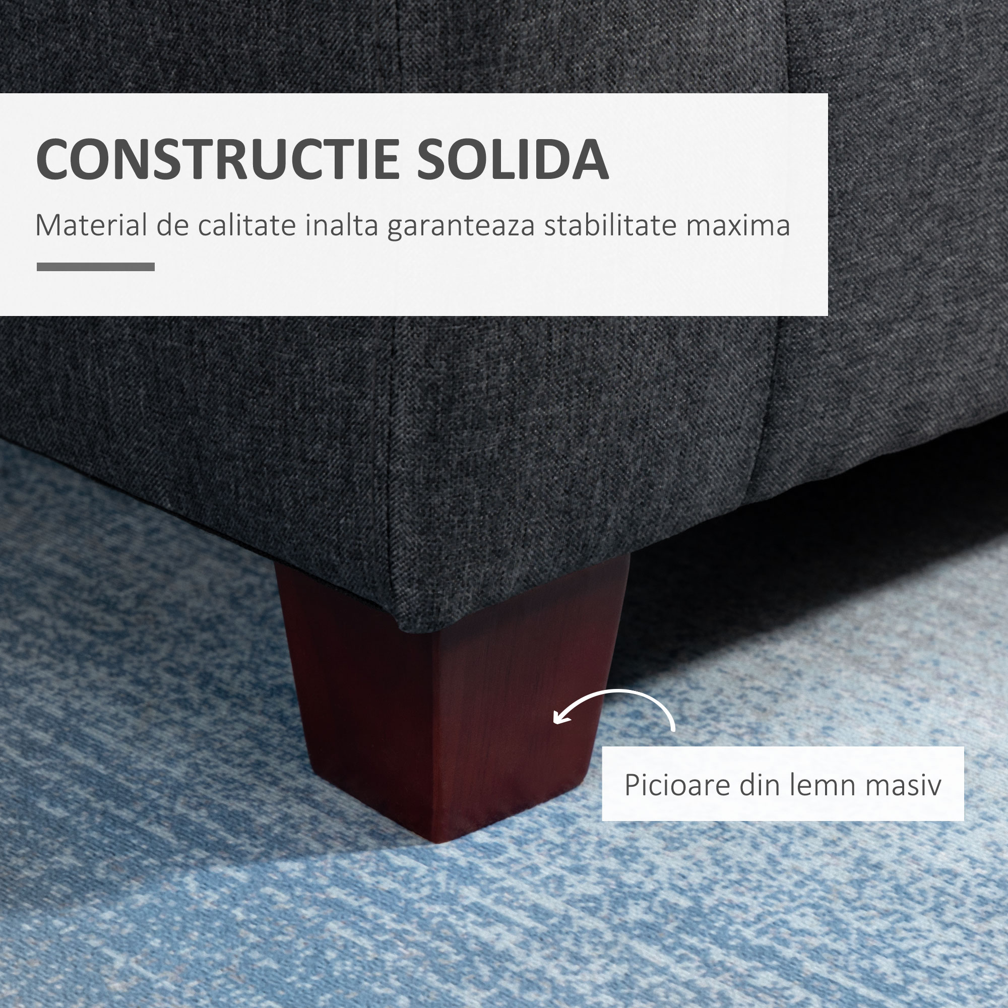 Canapea 3 locuri  cu taburet si perne, tesatura de in gri inchis 194x80x86cm, Confort & Stil pentru Living [5]