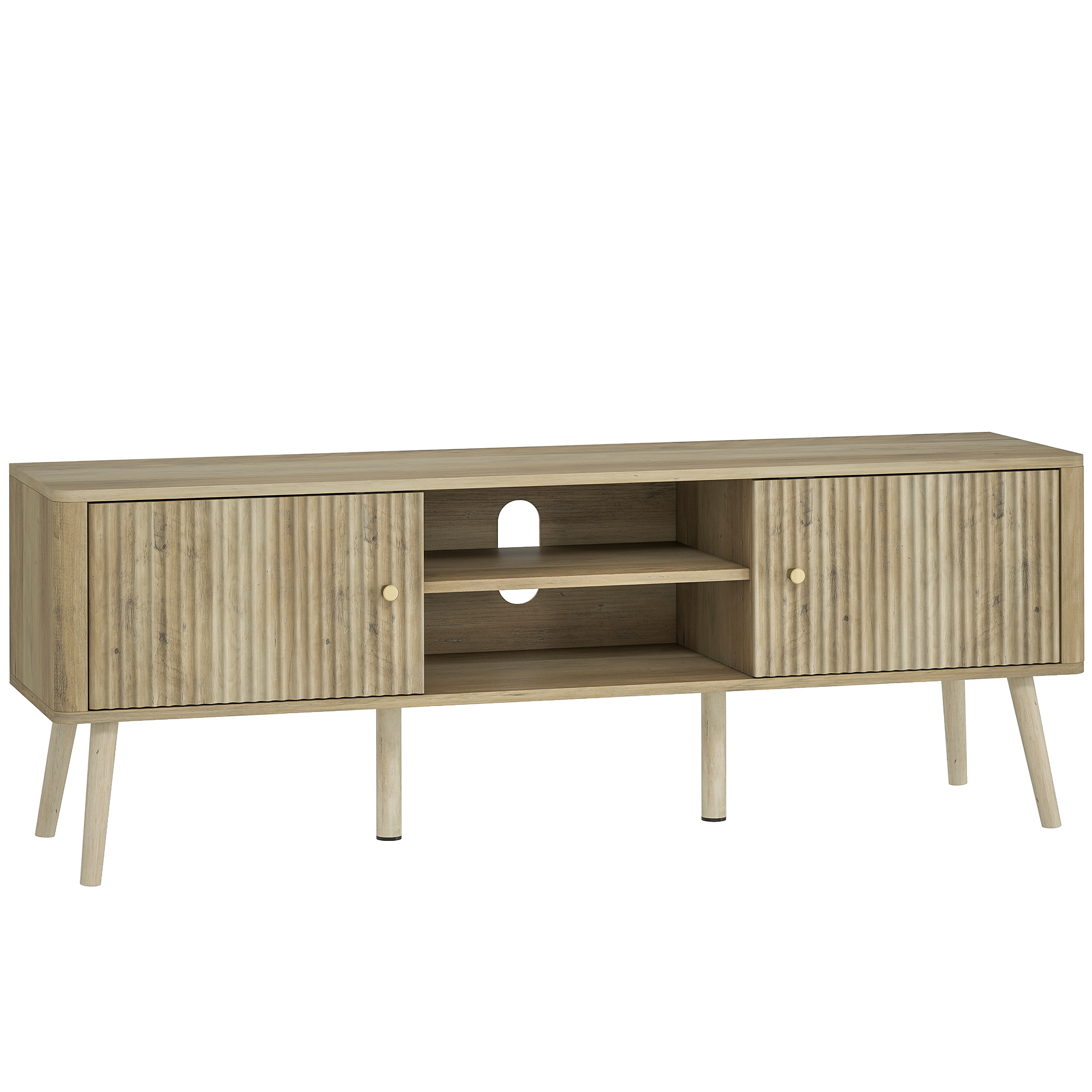 HOMCOM Mueble TV, mueble televisor de hasta 65 pulgadas con 2 puertas, 2 compartimentos abiertos, estante ajustable, 140x35x49cm, roble