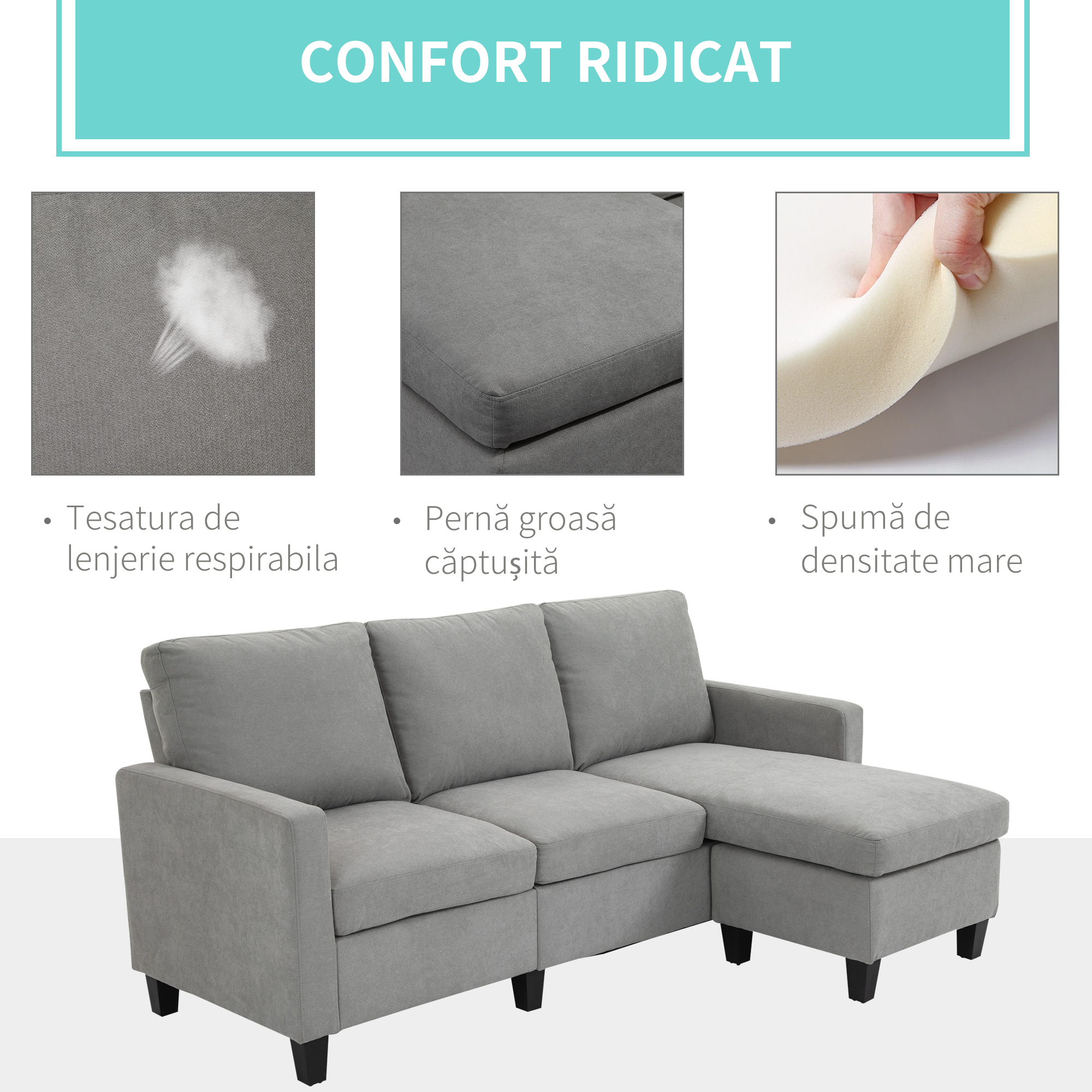  Canapea Colt 3 Locuri Modulara din Material Textil - Gri Modern [3]