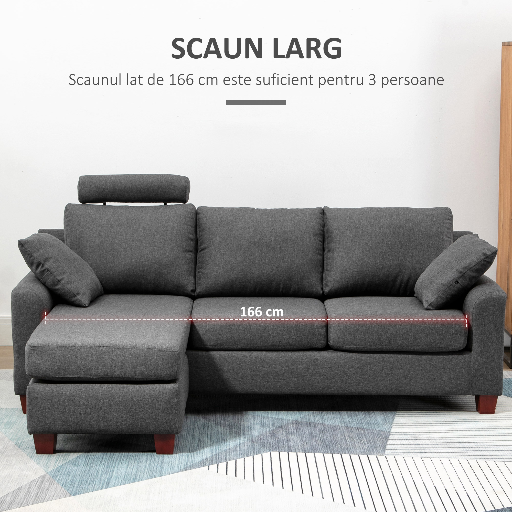 Canapea 3 locuri  cu taburet si perne, tesatura de in gri inchis 194x80x86cm, Confort & Stil pentru Living [6]