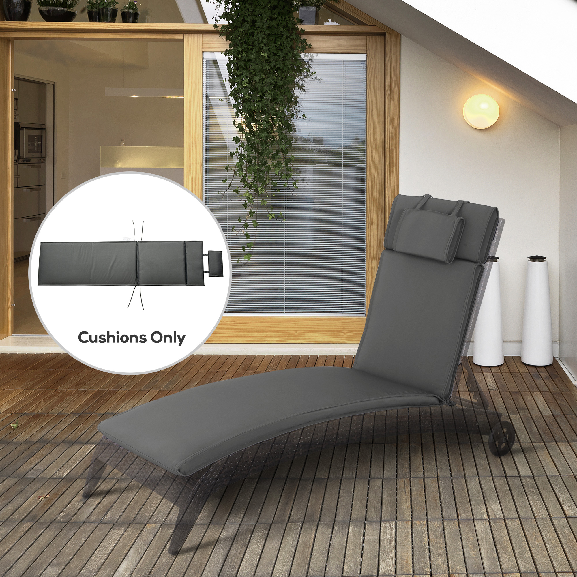 Outsunny Garden Sun Lounger Cushion Replacement Soft Sunbed Reclining Chair Relaxer Pad with Pillow, Cushion ONLY Grey 2
