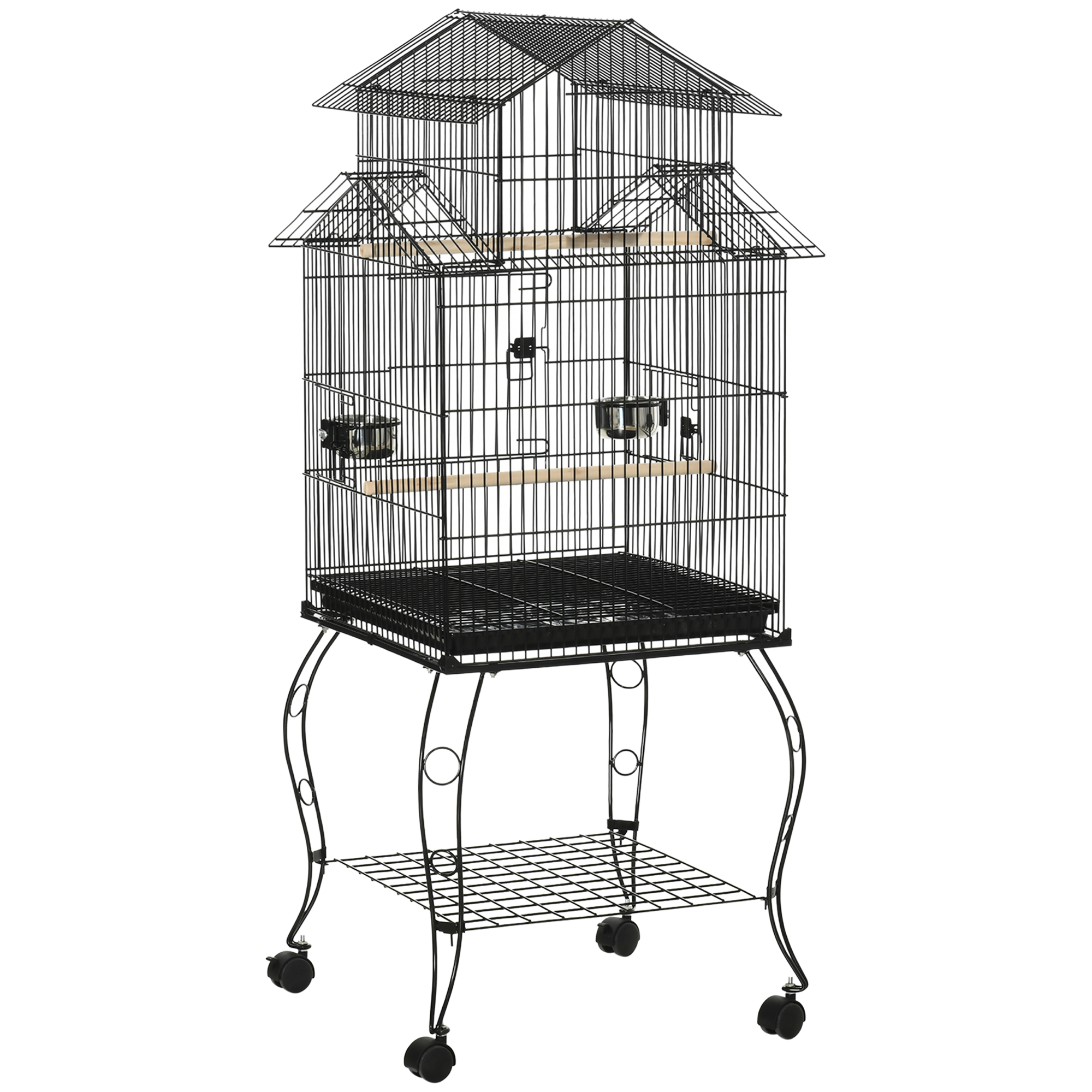 PawHut Gabbia per Uccelli da Interni in Legno con Vassoio, 4 Ruote e Trespolo, 50x49x137cm