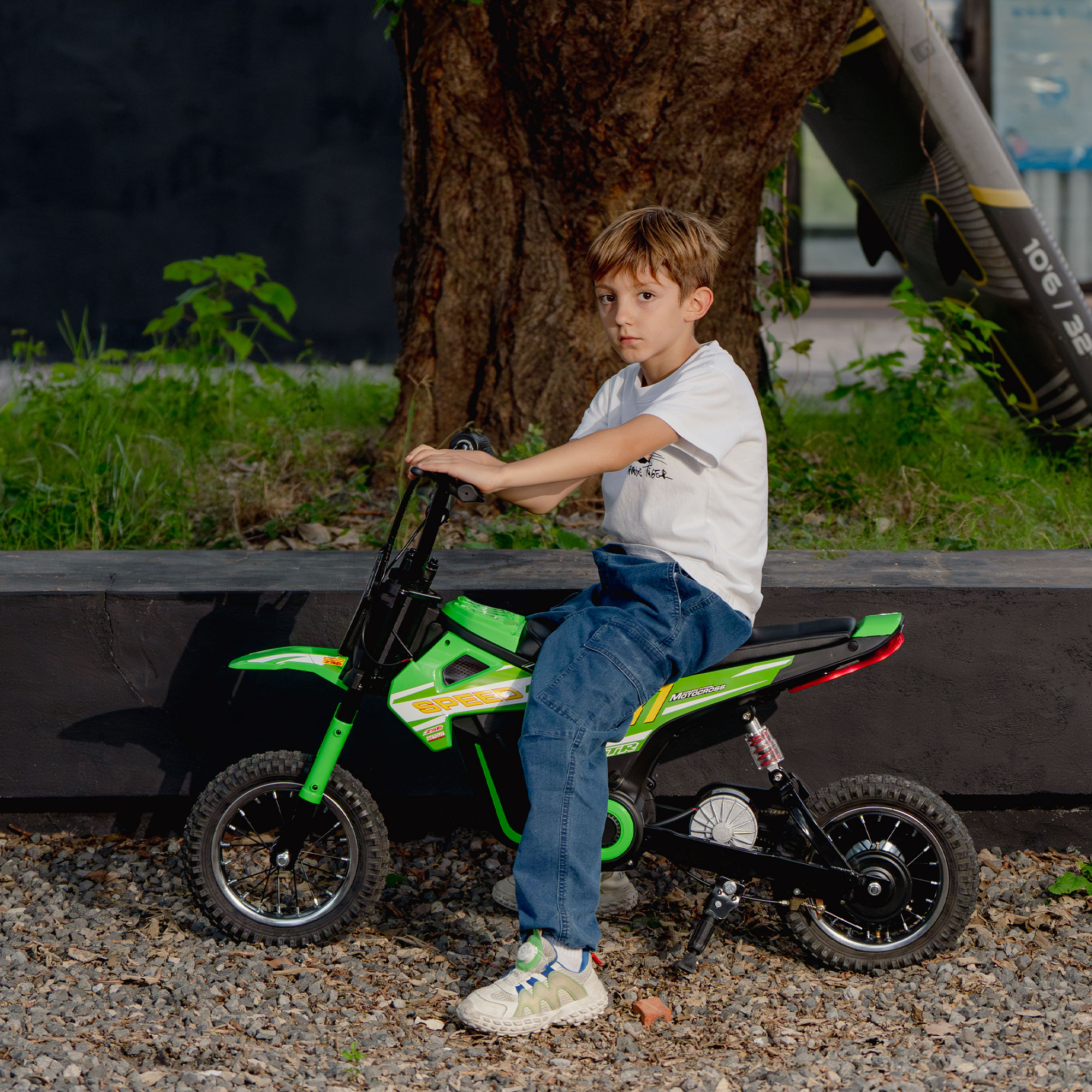 AIYAPLAY Kids Electric Motorbike, 24V Ride On Motorcycle with 3 Speeds and Rear Suspension, Dirt Bike for 8-12 Years Old, Green 9