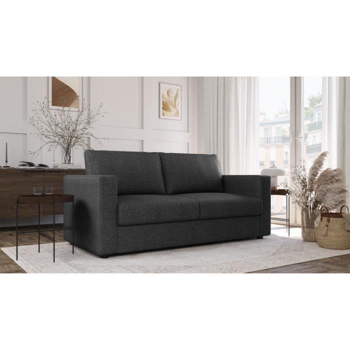 Canapé 3 places - Delta - Tissu Anthracite - Convertible semi-express matelas 13cm - 190 x 92 x 90 cm