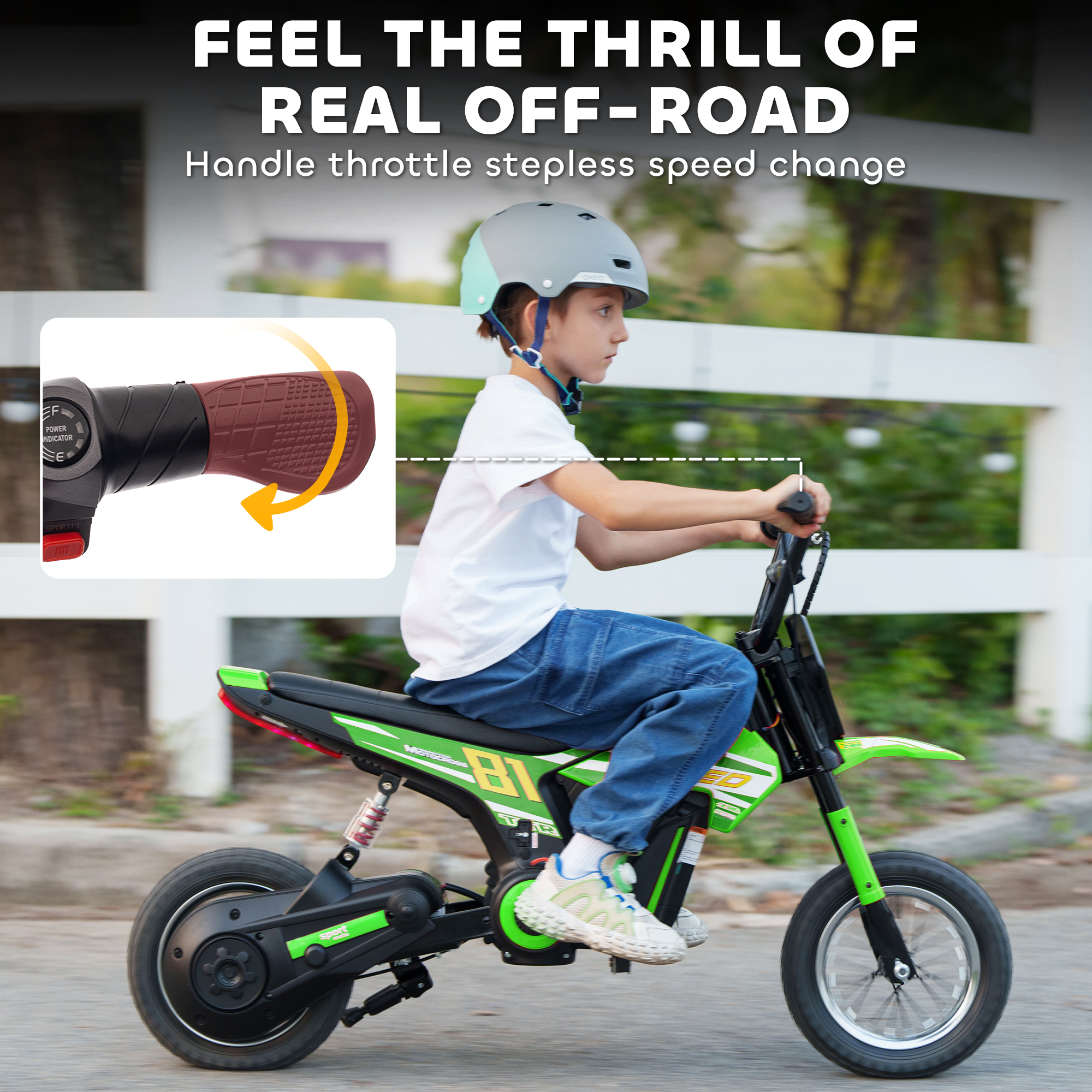 AIYAPLAY Kids Electric Motorbike, 24V Ride On Motorcycle with 3 Speeds and Rear Suspension, Dirt Bike for 8-12 Years Old, Green 5
