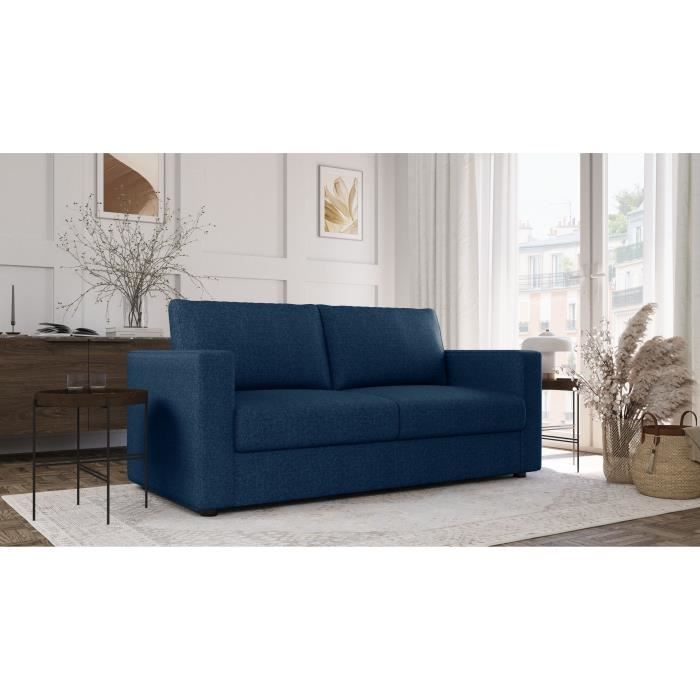 Canapé 3 places - Delta - Tissu Bleu - Convertible semi-express matelas 13cm