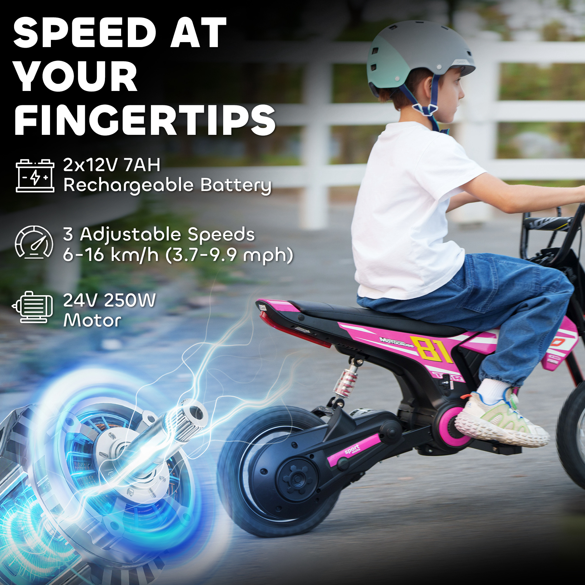 AIYAPLAY Kids Electric Motorbike, 24V Ride On Motorcycle with 3 Speeds and Rear Suspension, Dirt Bike for 8-12 Years Old, Pink 4