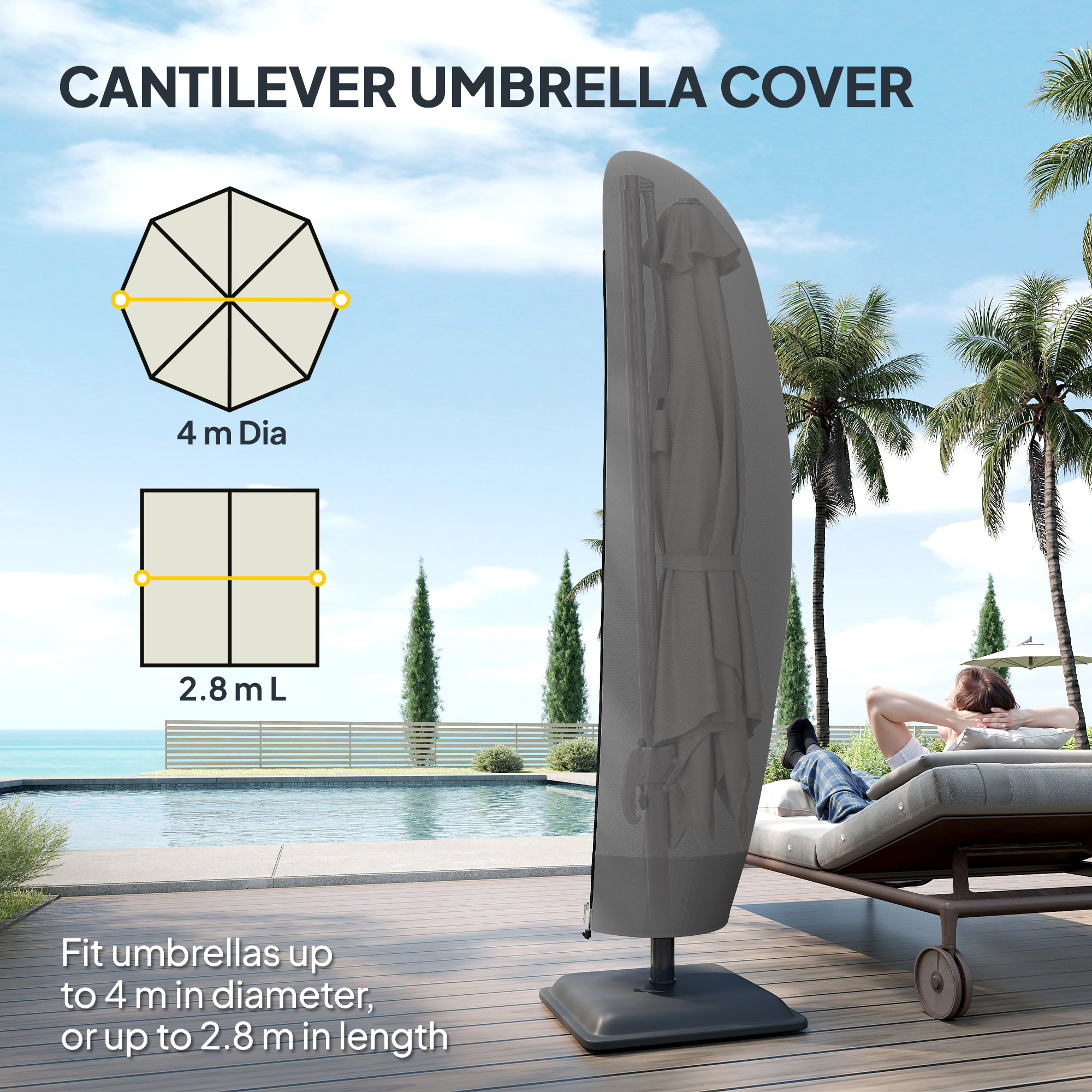 Outsunny Parasol Cover, 600D Oxford Cantilever Umbrella Cover Fit for 2-4m Parasol, Banana Umbrella Protector with Zipper for Outdoor Garden, Patio, Black 4