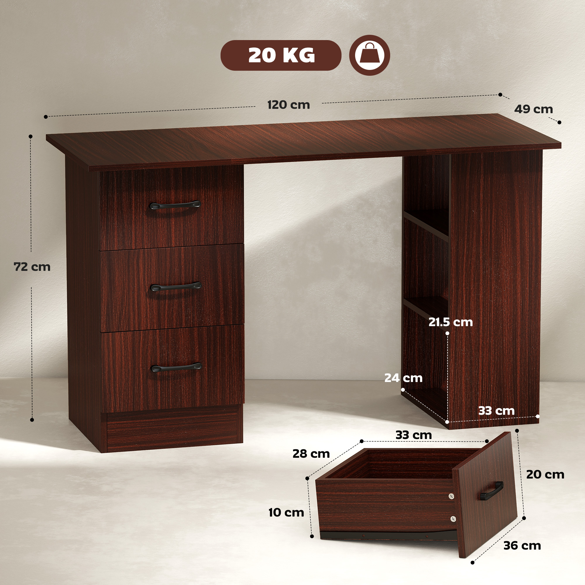 HOMCOM Computer Desk, Writing Table, PC Workstation with 3 Storage Shelves and Drawers, Black Handle, for Home Office, Walnut Brown 3