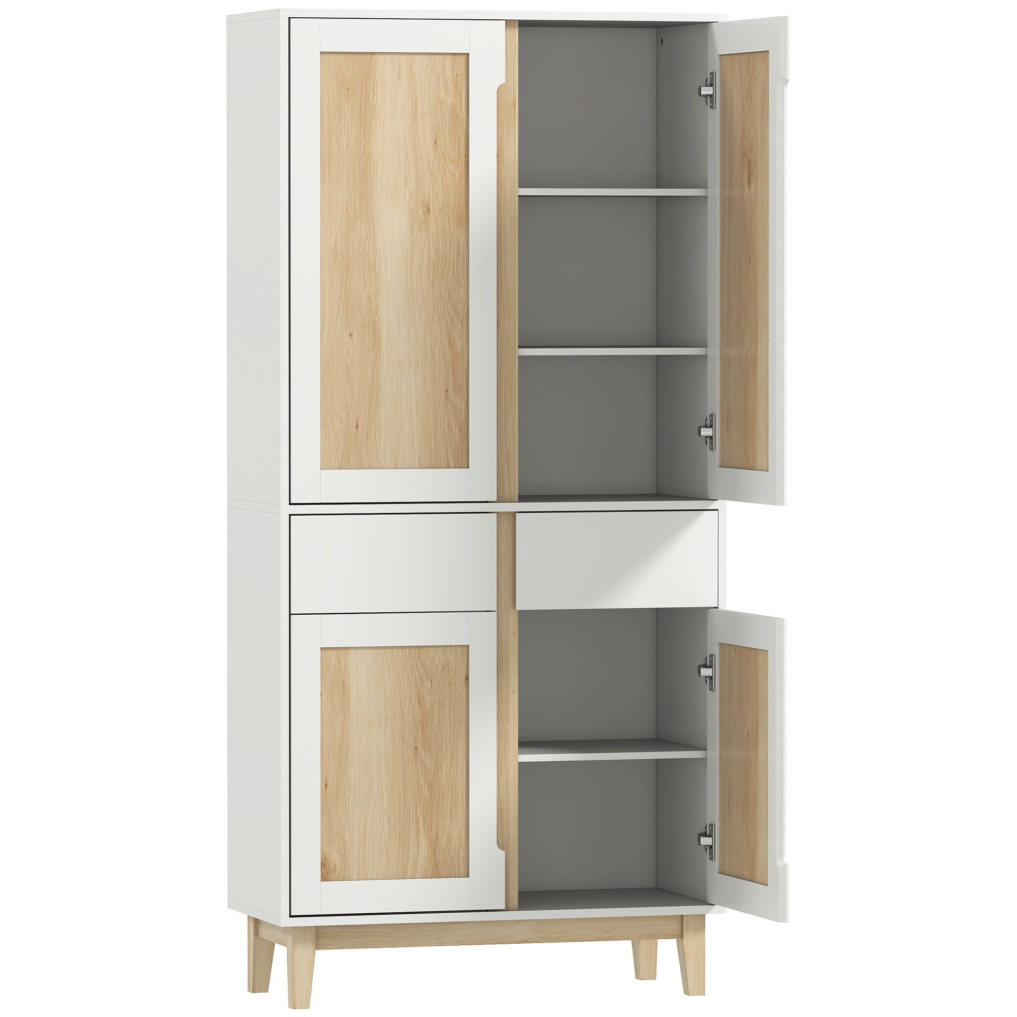 HOMCOM Buffet alto de cocina, armario de cocina con 4 puertas, 2 cajones y estantes ajustables, 80x35x170cm, blanco y roble